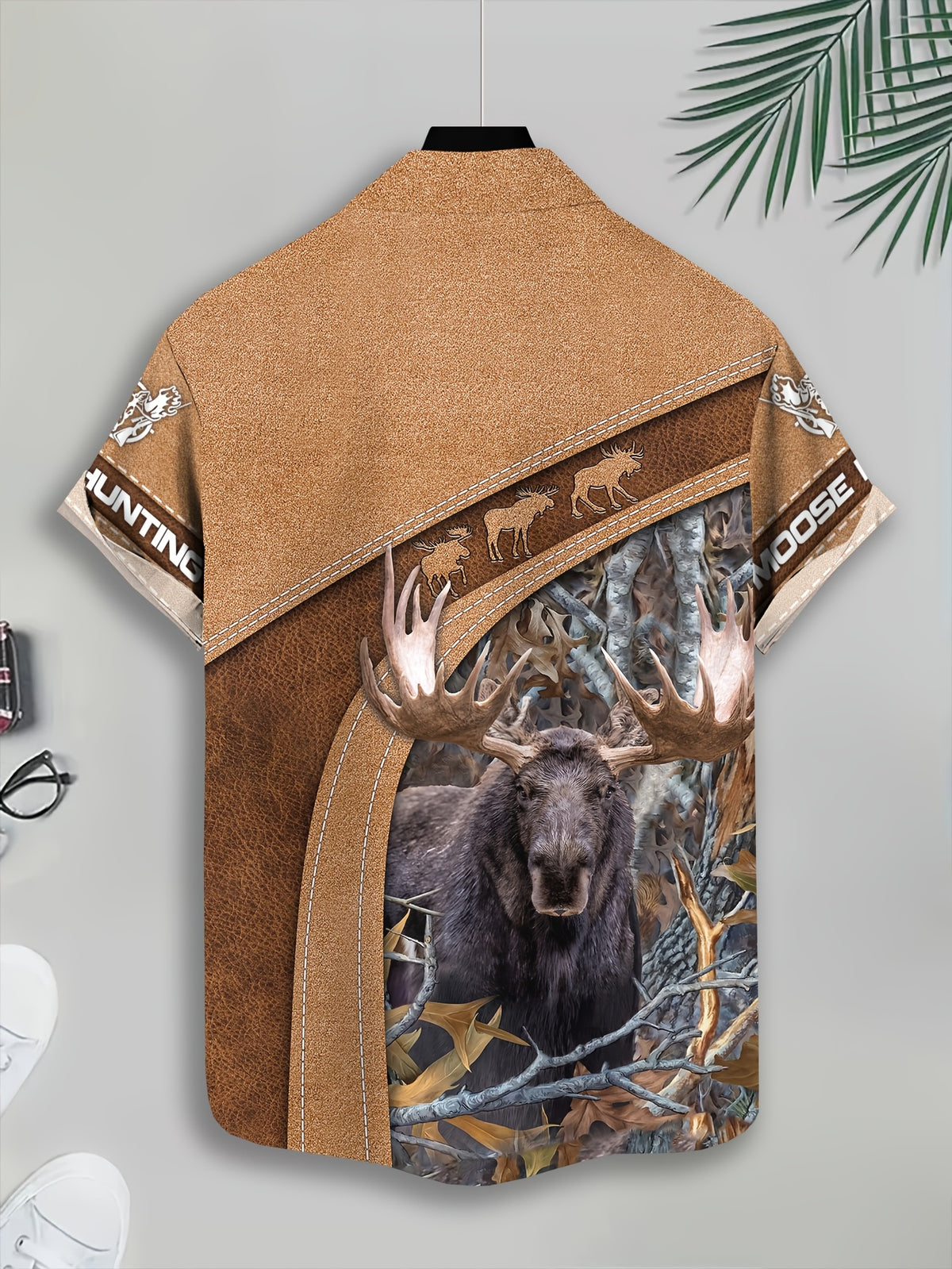 Outdoor Hunting Style Men'S Casual Shirt, Printed Brown Moose And Forest Scene, Summer Large Antlered Moose in Woodland Setting