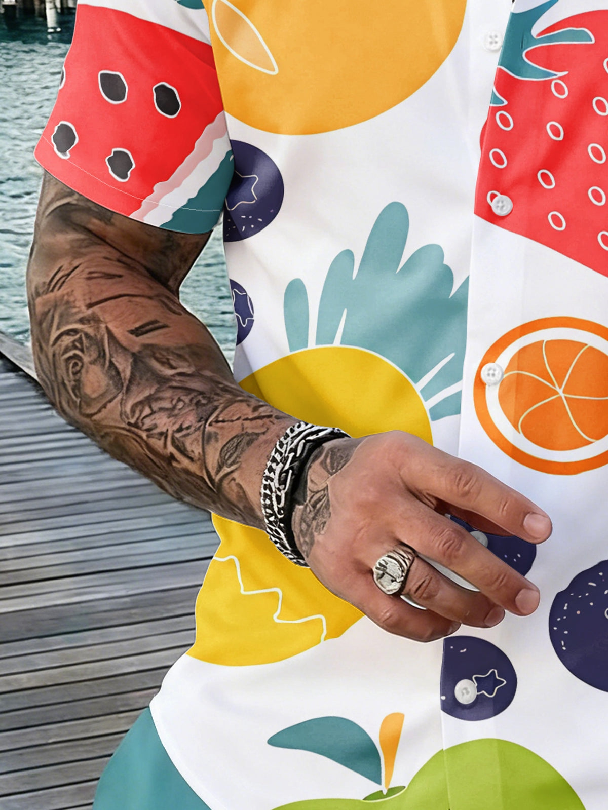New Men'S Short Sleeve Shirt - Untextured - Colorful Fruit Pattern Cute Warm Print, Fashionable Easy Short Sleeve, Button-Up, Casual Lapel Shirt, Fashionable And Versatile, Suitable for Dates, Beach Vacations, Perfect Gift for Men