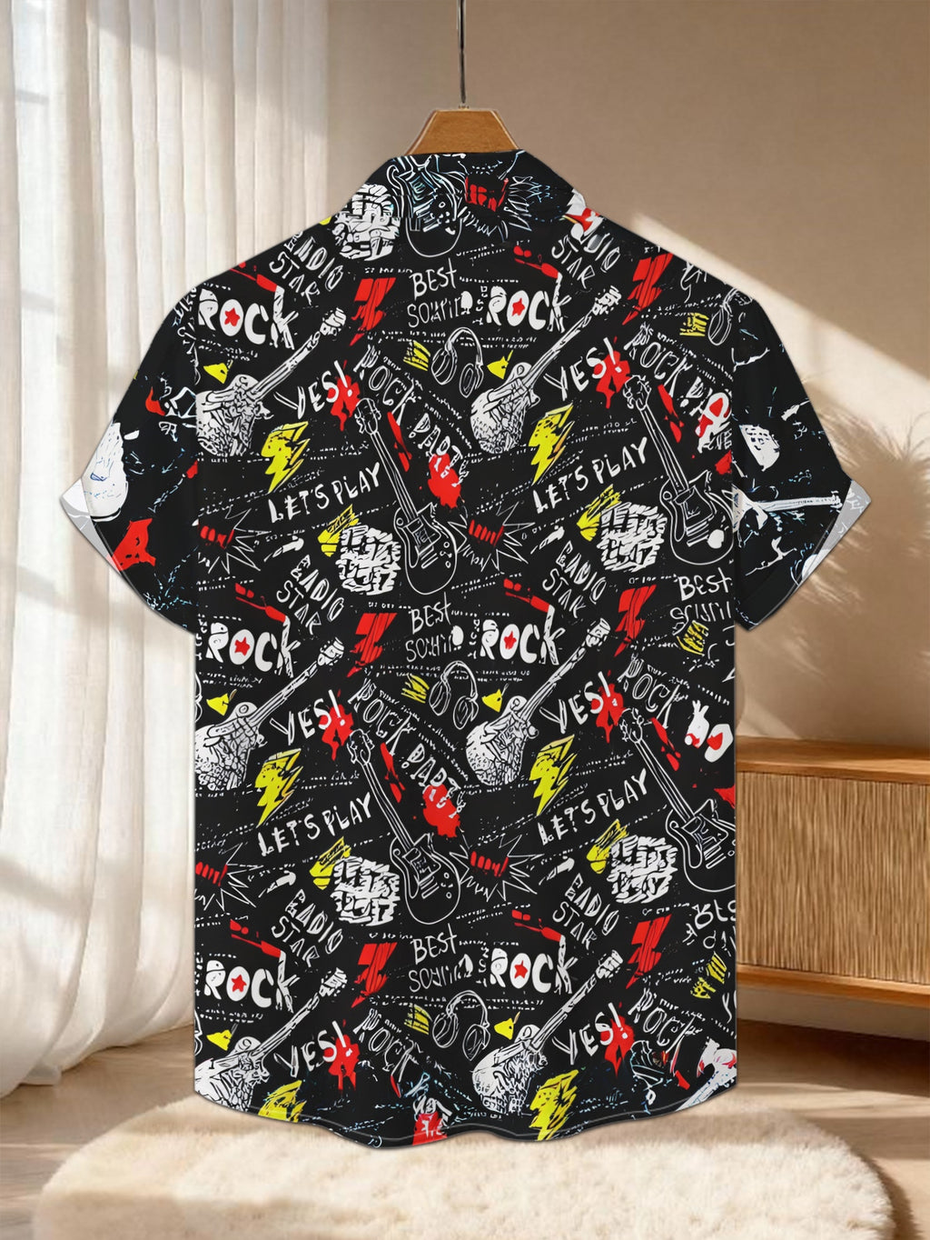 New Men'S Casual Short Sleeve Shirt, Black Base Full Print Rock Elements Hand-Painted Style Street Feel, Holiday Party Commute Versatile, Fabric Machine Washable, Button-Up Print Shirt