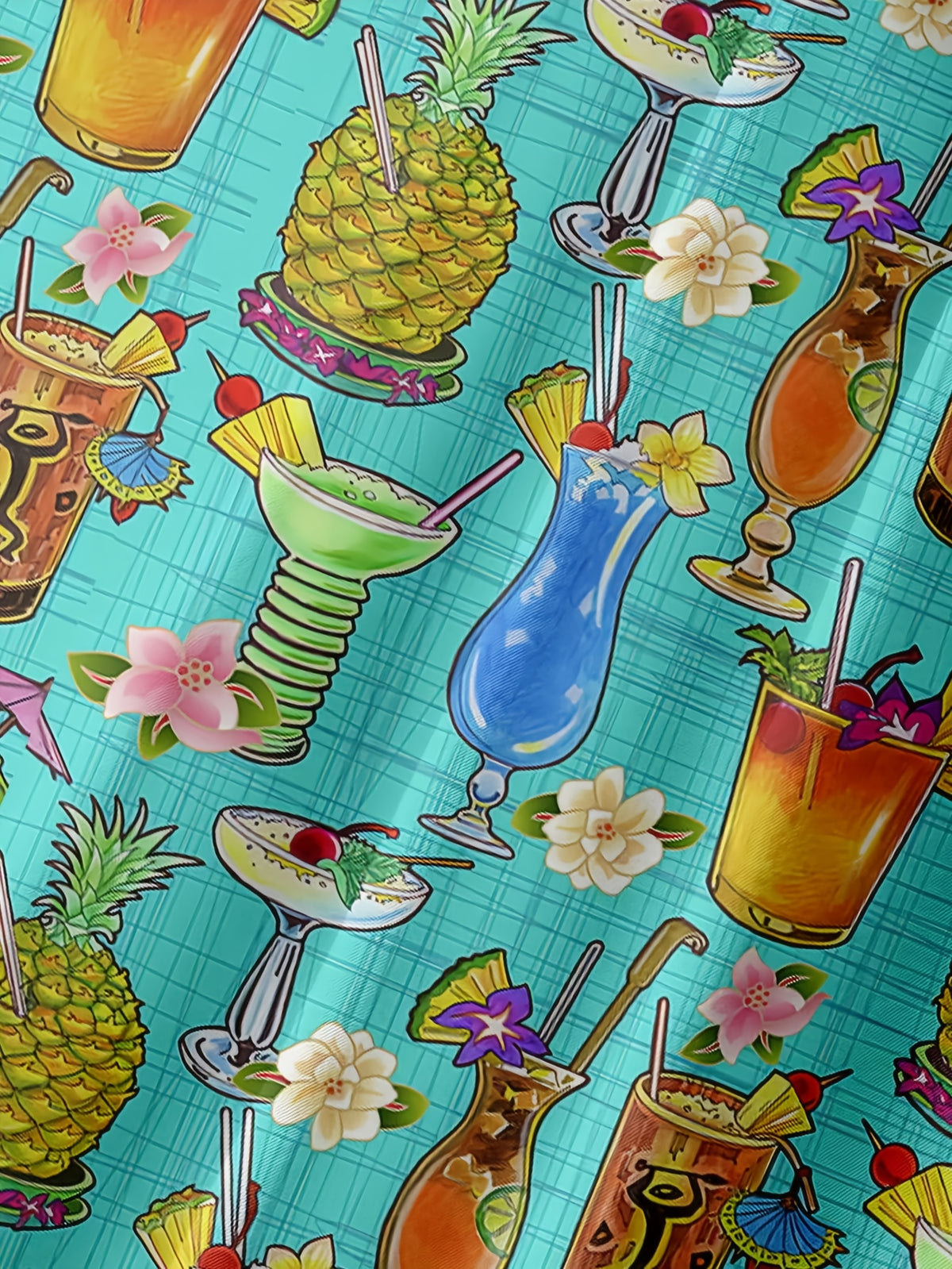 Hawaiian Tiki Drink Print Men's Button- Short Sleeve Shirt Vacation Shirt, PLUS SIZE