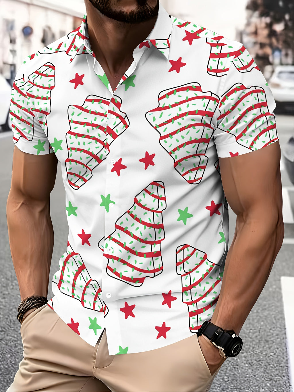 Hawaiian Style Men's Casual Shirt Print White Christmas Tree And Stars Pattern Winter Holiday Theme