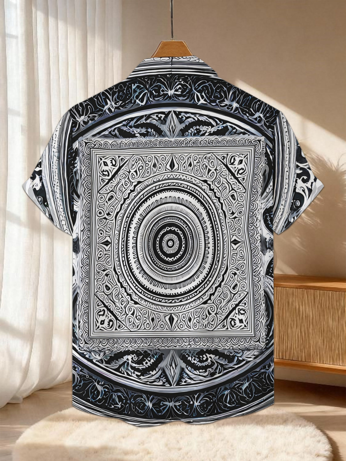 New Men'S Casual Short-Sleeved Shirt, Black And White Staggered Golden And Silver, Round And Square Overlapping Decorative Patterns Are Dense And Delicate, Versatile for Holiday Parties And Commuting, Polyester Fiber Fabric Is Machine Washable