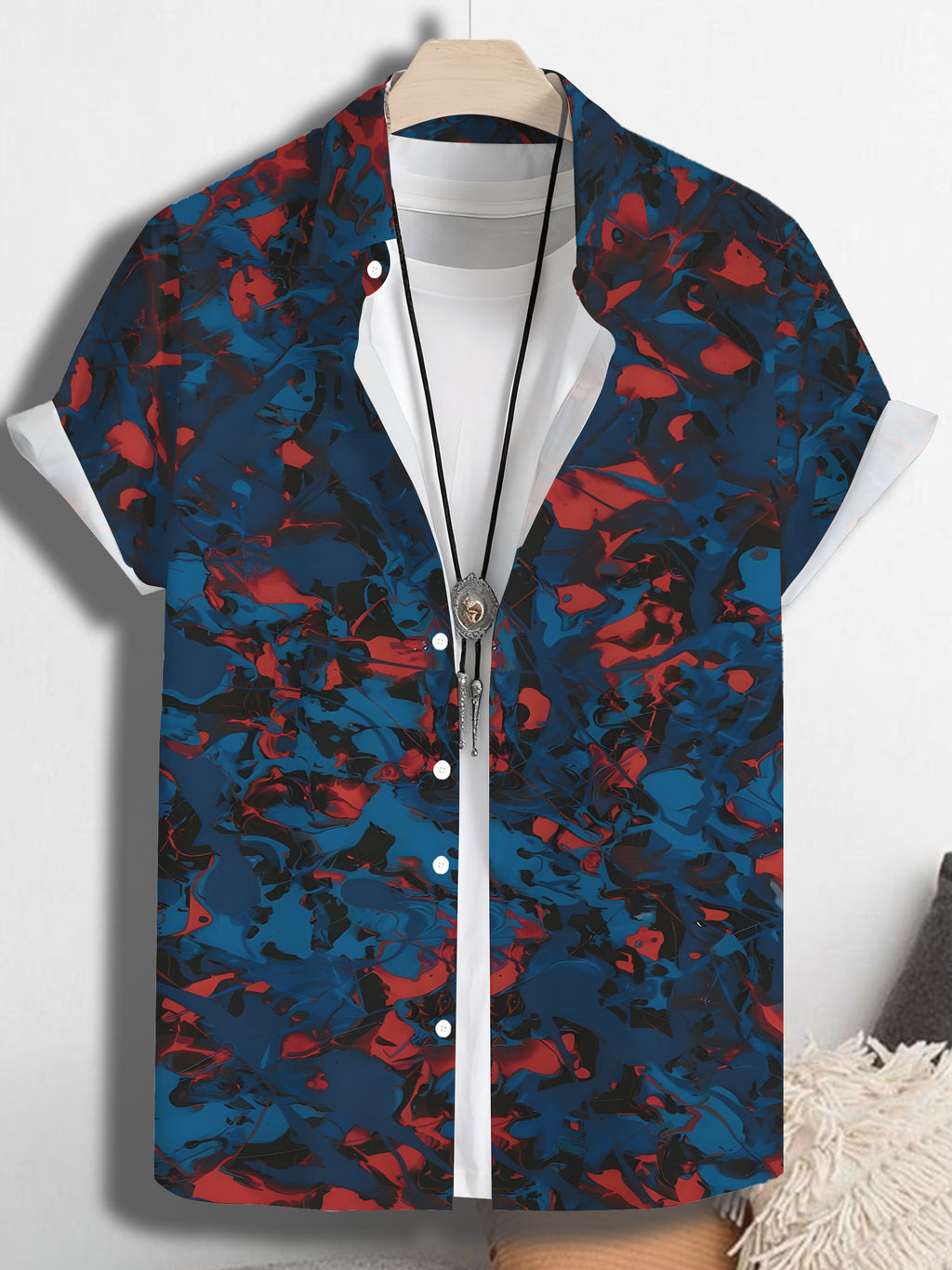 Men'S Casual Shirt with Tropical Blue And Red Prints from Hawaii - Short-Sleeved with Button Design, Perfect for Summer Outdoor And Leisure Wear