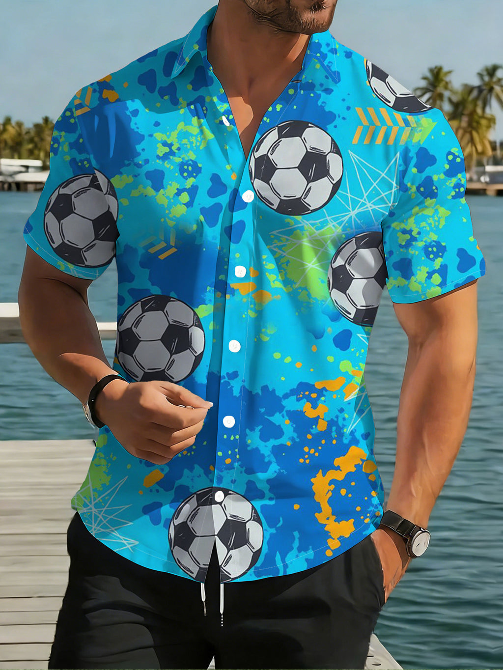 Men's Casual Short-Sleeve Shirt with Blue Base and Colorful Ink Splatter Style Football Print, Fashionable and Versatile for Beach Vacations