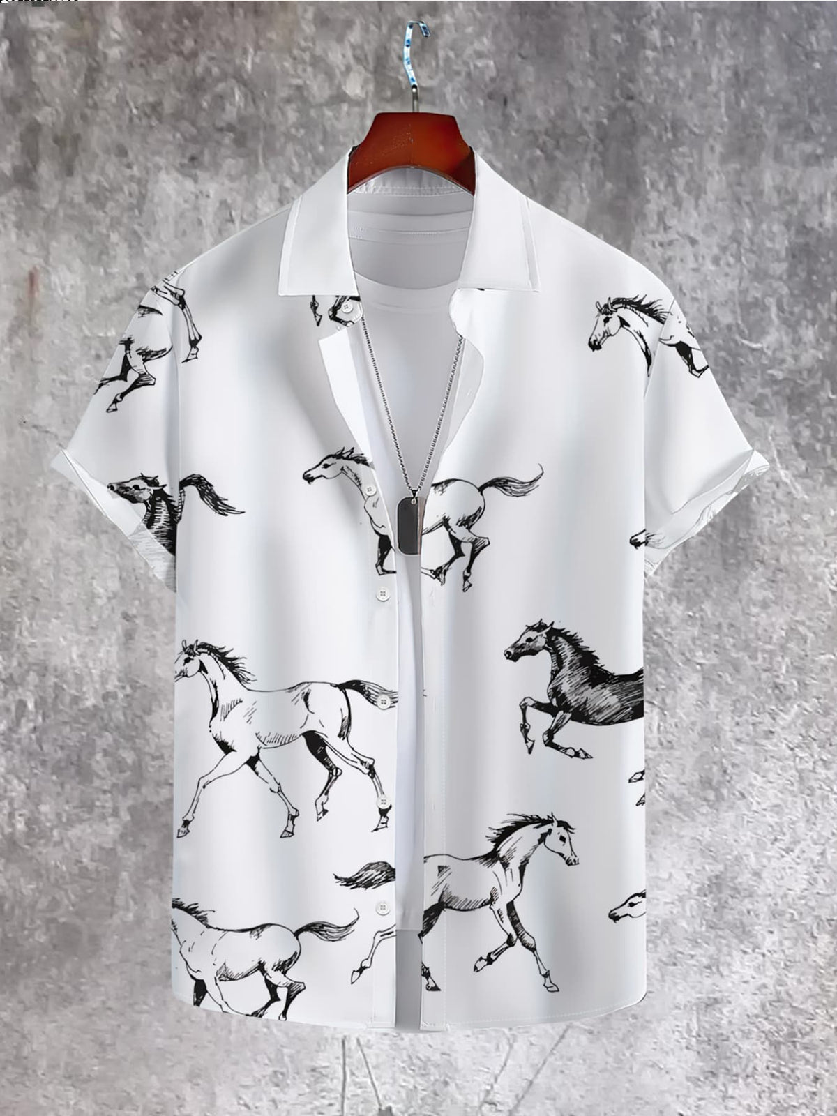 2025 Summer New Men'S Short-Sleeve Shirt Featuring a Stylish Galloping Horse Pattern, Loose Fit, Casual, Breathable, Quick-Drying Vacation Beach Shirt