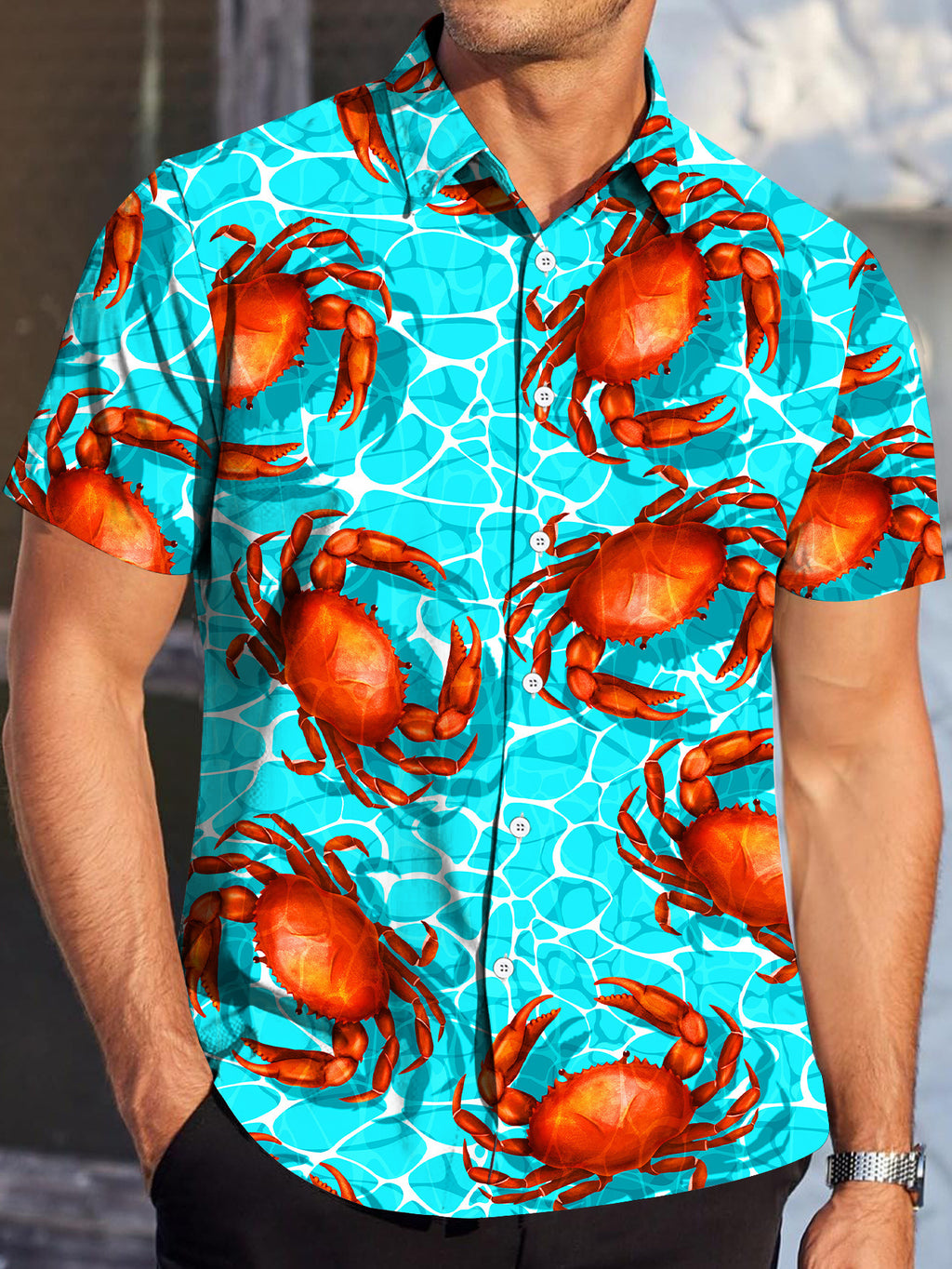 Men'S Beach Water Ripple Crab Print Short Sleeve Shirt, Summer Seaside Vacation Beach Outing