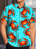 Men'S Beach Water Ripple Crab Print Short Sleeve Shirt, Summer Seaside Vacation Beach Outing