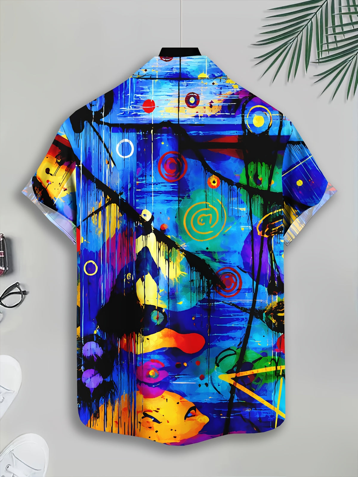 Abstract Art Men'S Casual Shirt, Print Colorful Paint Splatter Summer Vibrant Circles And Lines Pattern