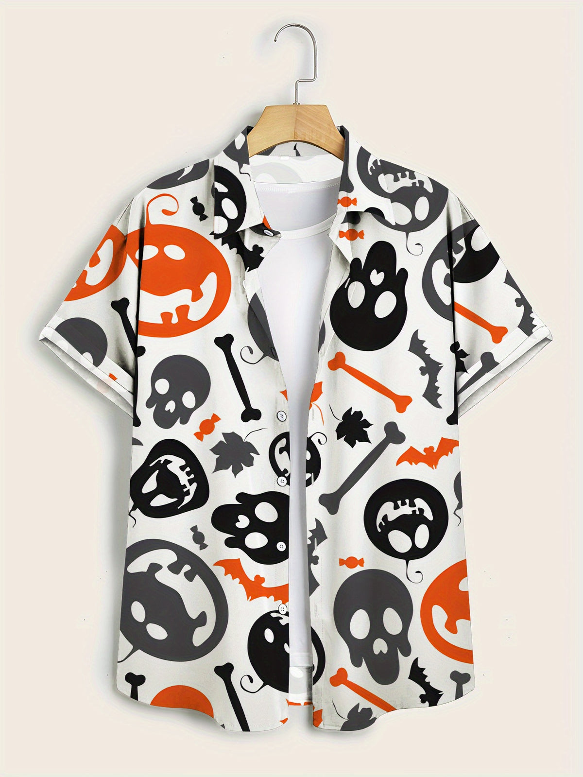 Men's Gothic Short-Sleeve Button-Up Shirt - Skull & Bat Print Collar, Structured Button-Front Top, Machine Washable Suitable for Summer Parties, Streetwear, Themed Events - Durable Casual Shirt for Year-Round Wear