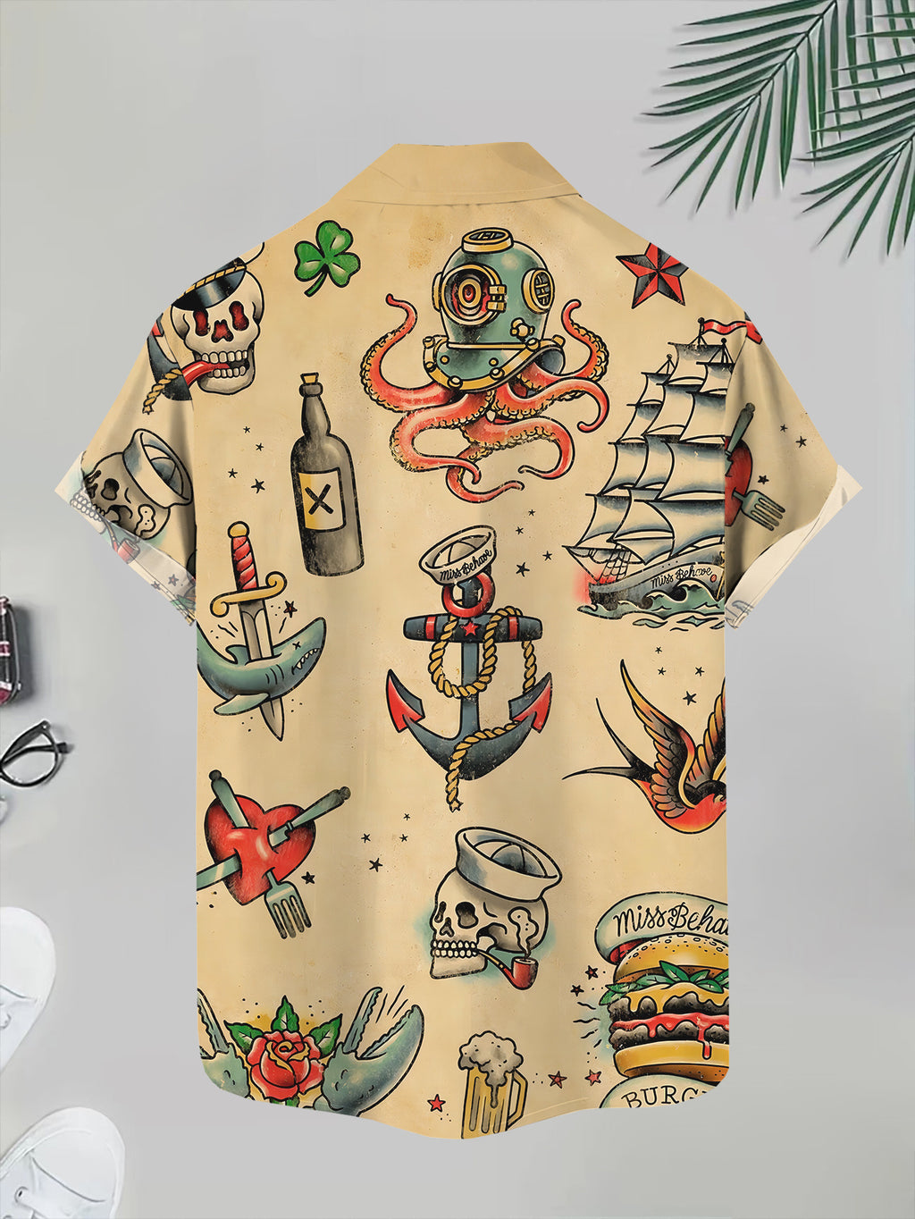 Pirate Tattoo Style Men's Casual Shirt, Nautical Theme Summer Skull Anchor Ship Dagger Print