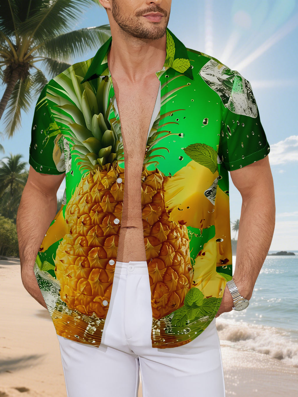 New Men's Casual Short-Sleeve Shirt with Fresh Pineapple and Iced Mint Leaf Print, Featuring a Sparkling Bubble Design for a Refreshing Feel. A Versatile Top for Holiday Gatherings, Commuting, and Casual Wear. Made of Polyester Fiber and Machine