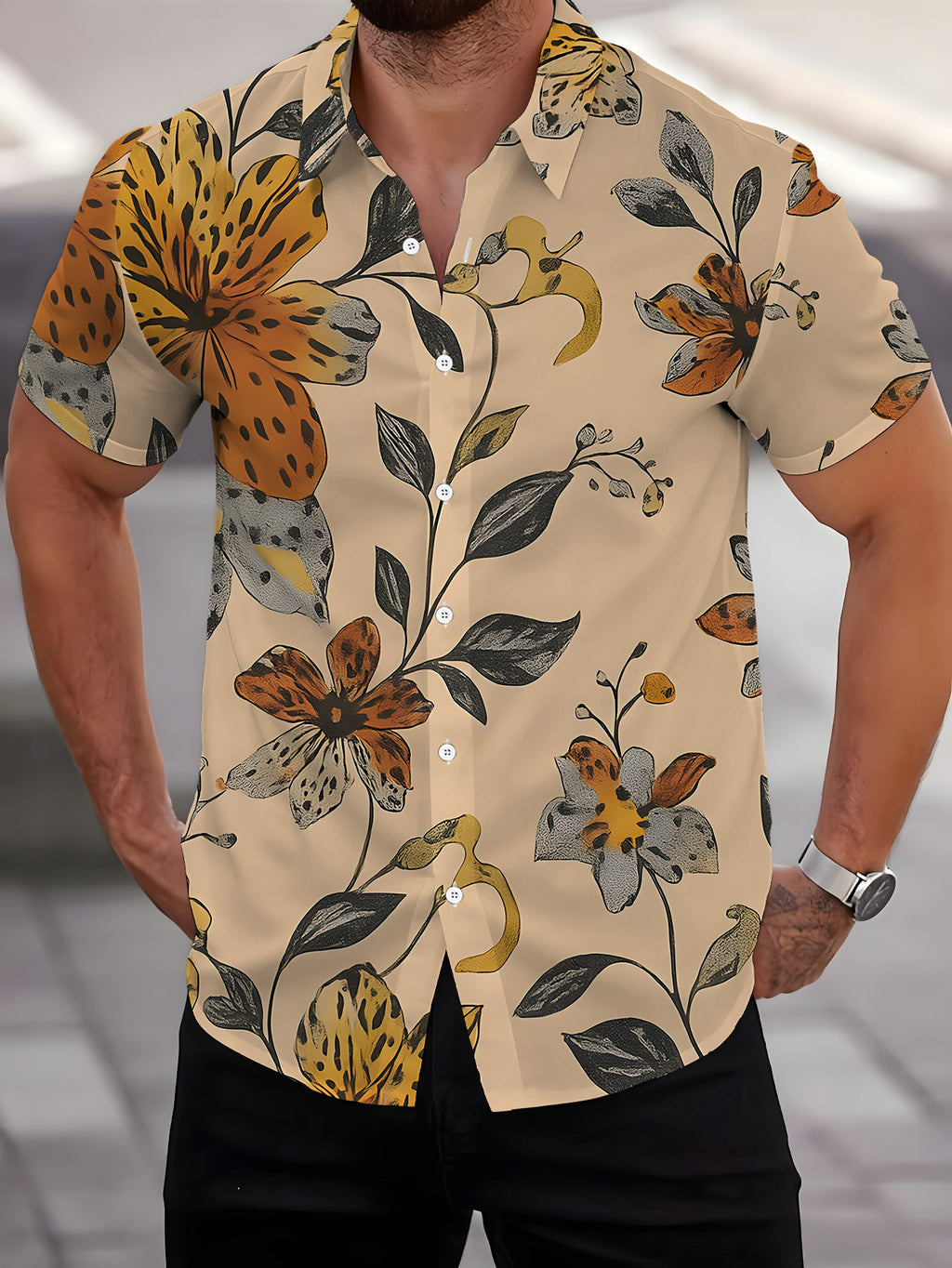 Men's Short-Sleeve Shirt, Floral Pattern, Printed Design, Short Sleeves, Multicolored Flowers, Cool Men's Shirt, Warm Beige Base, Men's Casual Short-Sleeve Shirt, Summer Style