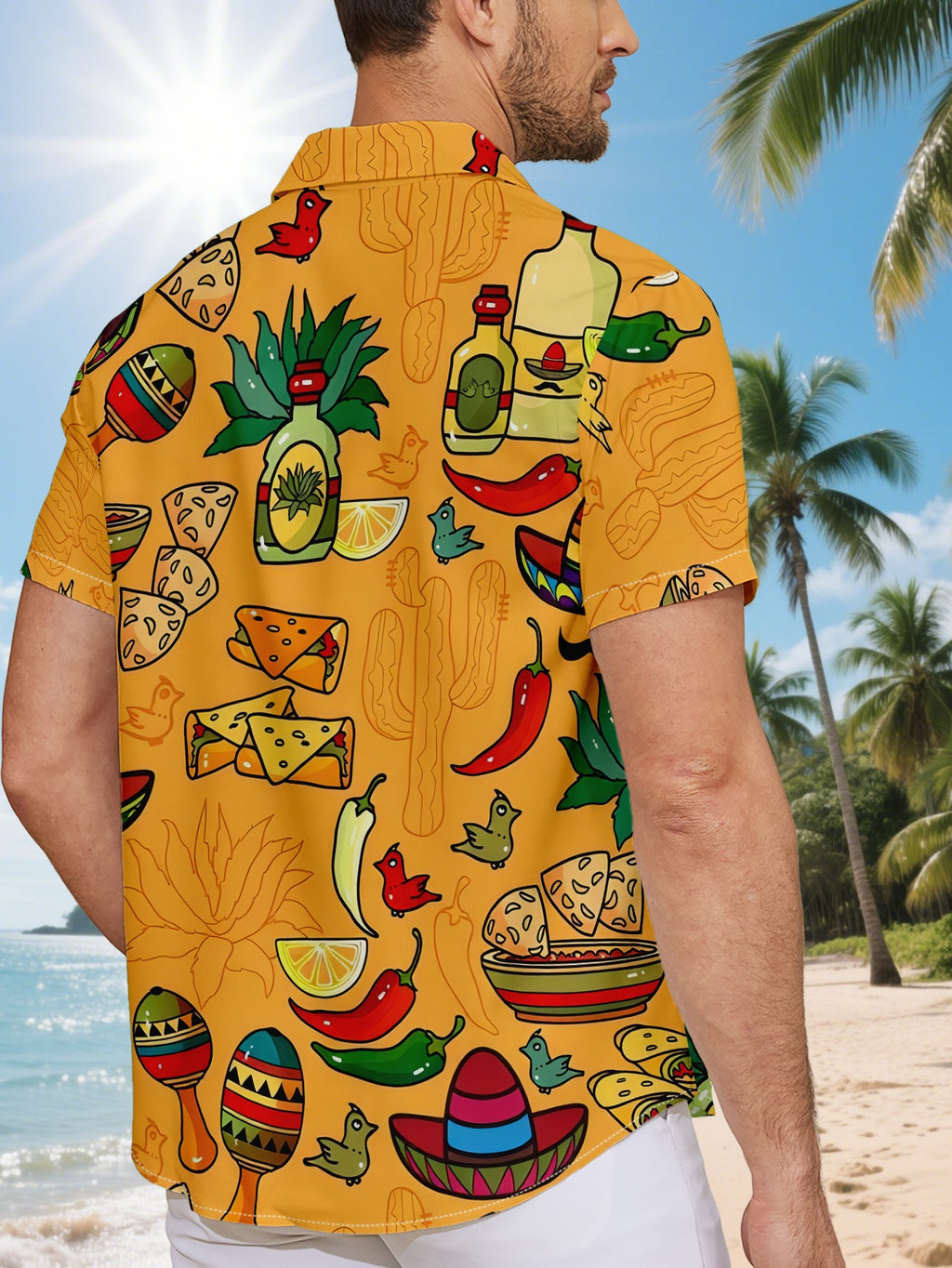 Men's Hawaiian Shirt with Mexican-Themed Food and Decorative Pattern Print, Fashionable Button-Up Short-Sleeve Top