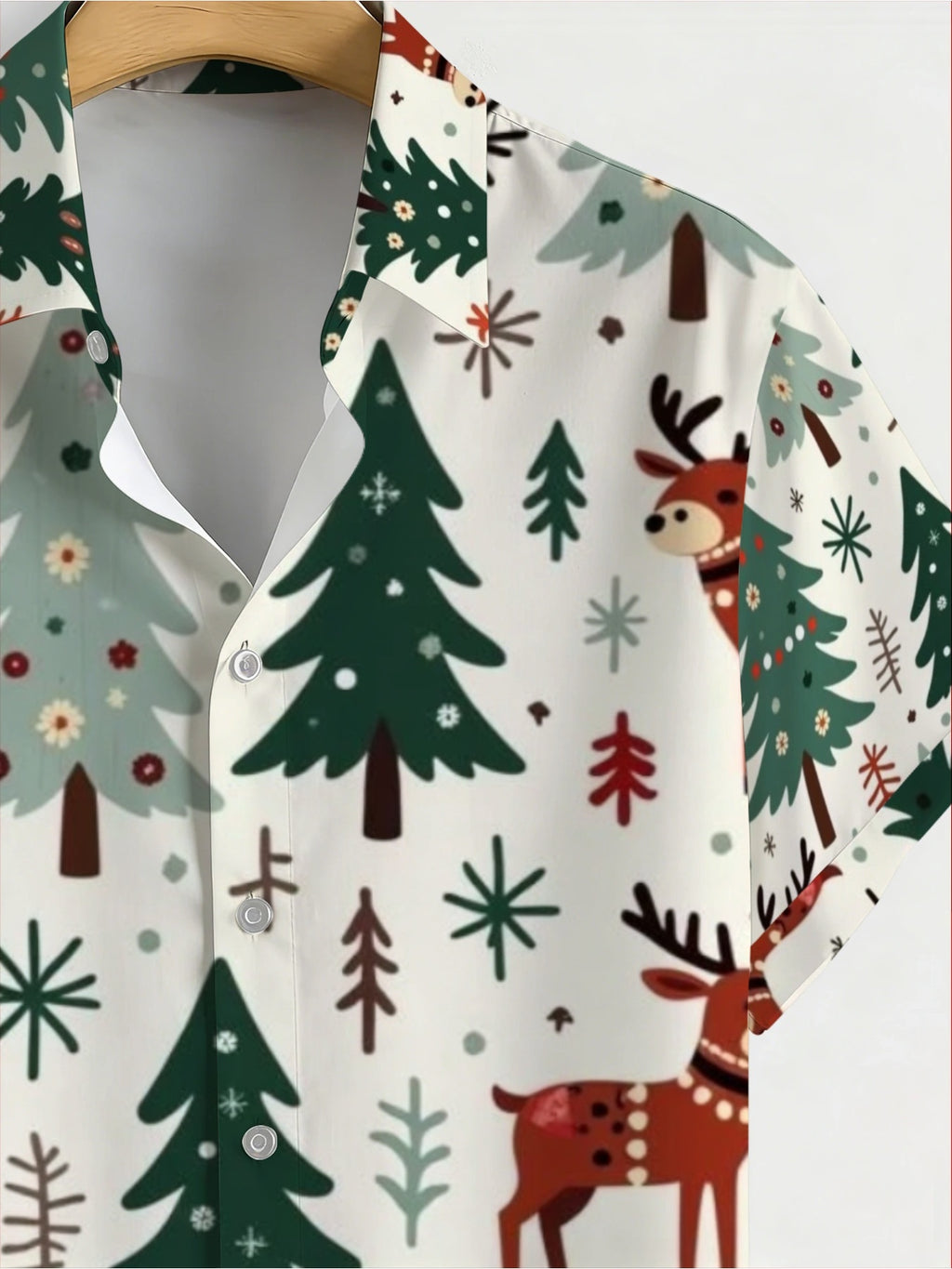 Men'S Cartoon Reindeer, Christmas Tree, And Snowflake Print Hawaiian Shirt, White Christmas Short-Sleeve Collared Shirt, Holiday Party Beach Vacation Casual Aloha Top, Top Choice for Christmas Gifts for Teenage