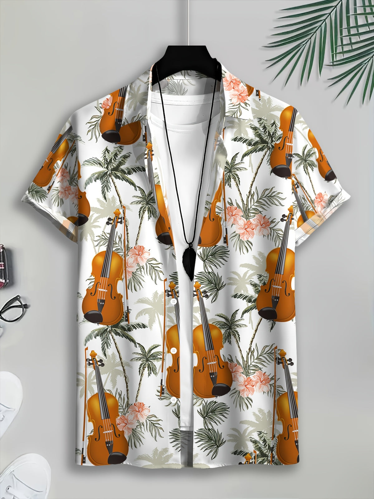 Hawaiian Style Men'S Casual Shirt Summer Printed White Violin And Palm Tree Pattern Fashionable Casual Short-Sleeve Shirt