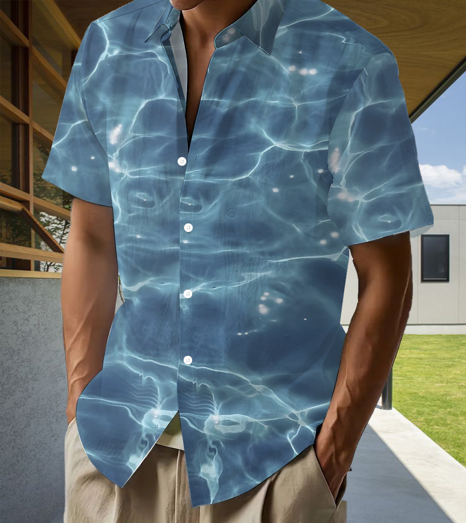 Fashion Water Ripple Pattern Print Shirt, Tropical Hawaiian Shirt - Short Sleeve, Casual Button- Men's Shirt, Lightweight Polyester for Summer Adventures