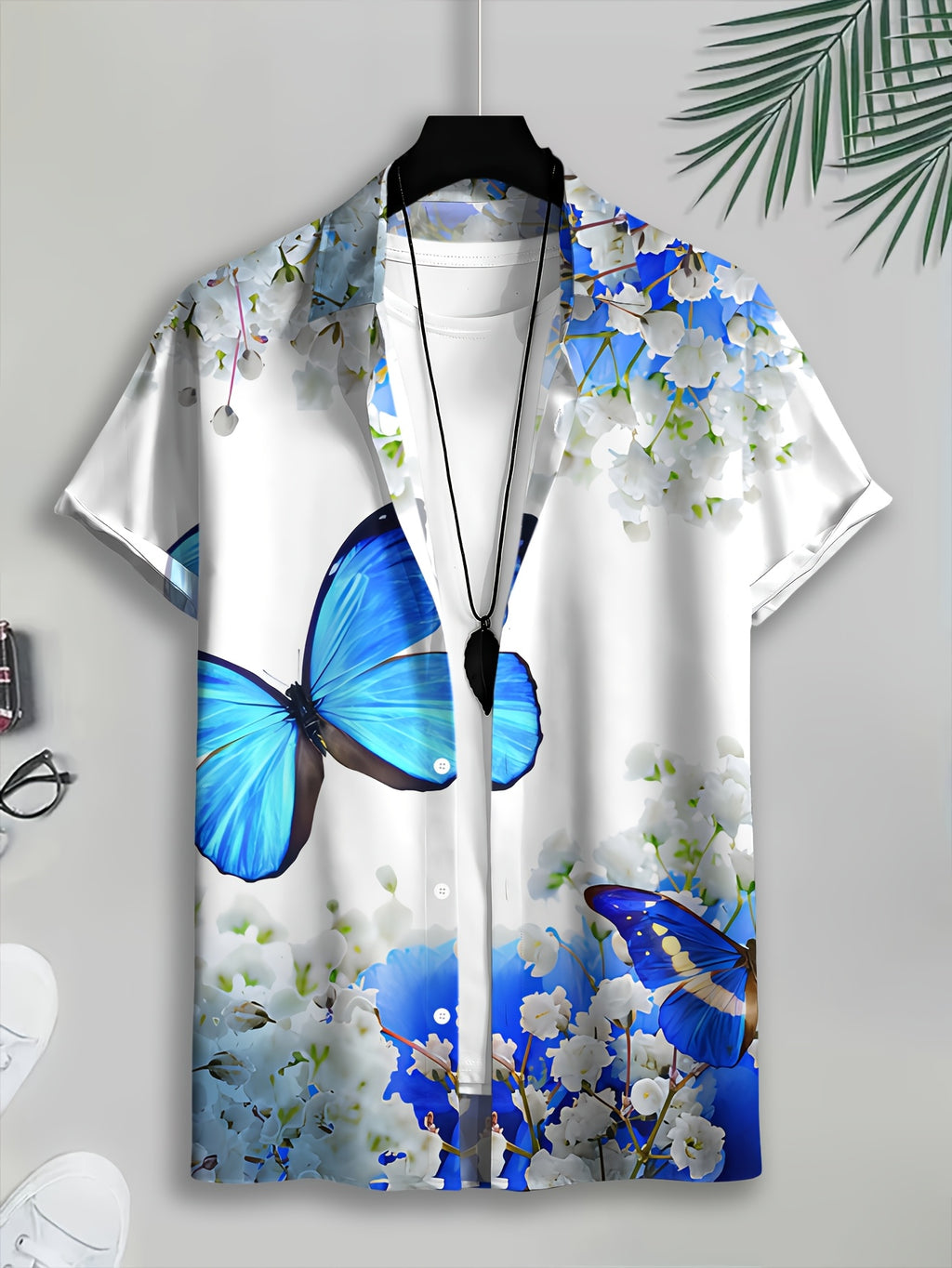 Summer Style Men'S Casual Shirt, Printed Blue Butterfly And White Flowers Pattern, Summer Vibrant Nature Design
