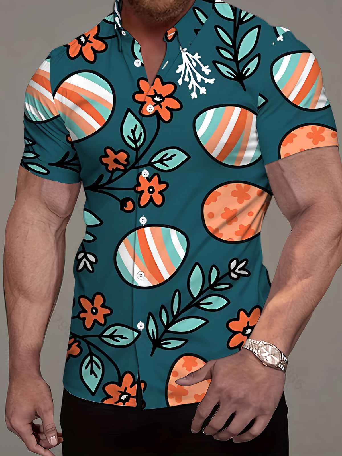 Men'S Loose Short-Sleeve Shirt, Fashionable Easter Egg, Floral And Leaf Digital Print, Deep Teal Style. Trendy And Atmospheric, Perfect for Summer Streetwear