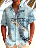 Men's Simple Hawaiian Jellyfish and Turtle Pattern Printed Button Shirt- Lightweight Polyester Fiber, Summer Vacation and Holiday Clothing