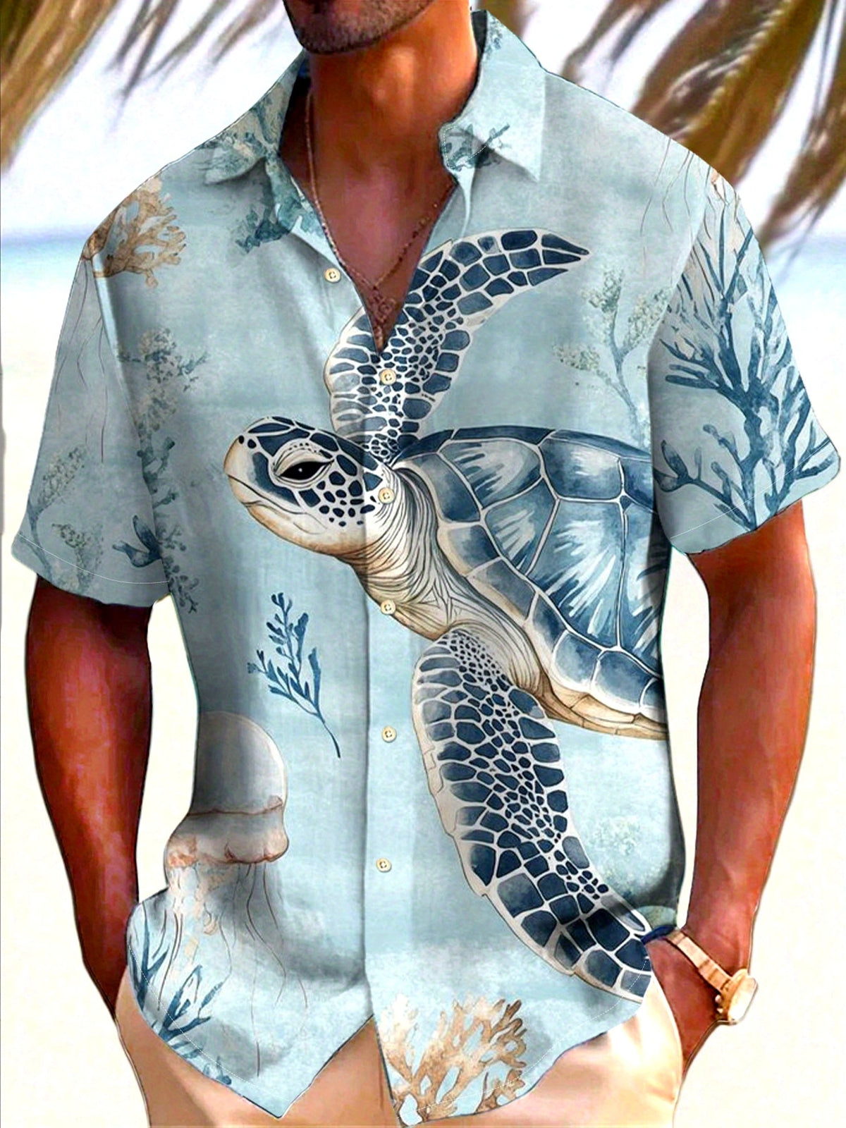 Men's Simple Hawaiian Jellyfish and Turtle Pattern Printed Button Shirt- Lightweight Polyester Fiber, Summer Vacation and Holiday Clothing