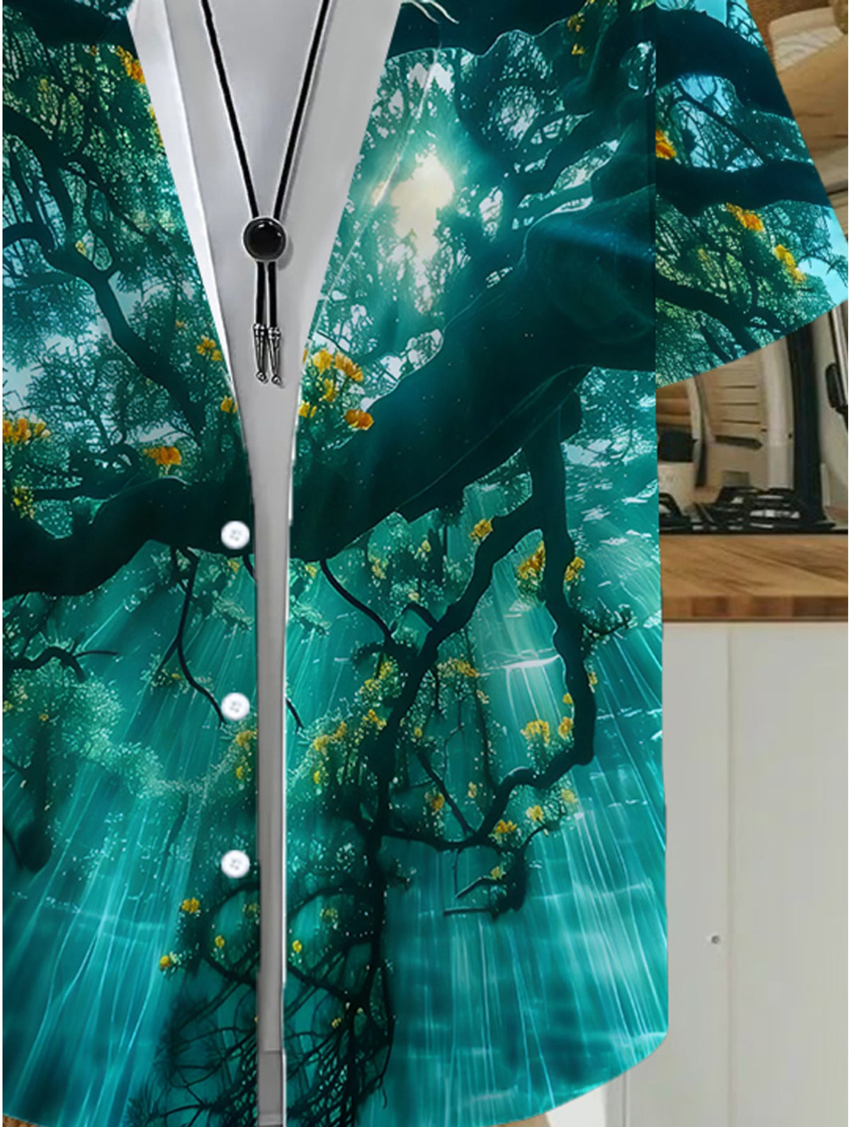 Fashion Hawaiian Men's Casual Sunlight Through Forest Pattern Shirt, Regular Fit Turn- Collar, Button Front, Outdoor Travel Clothing