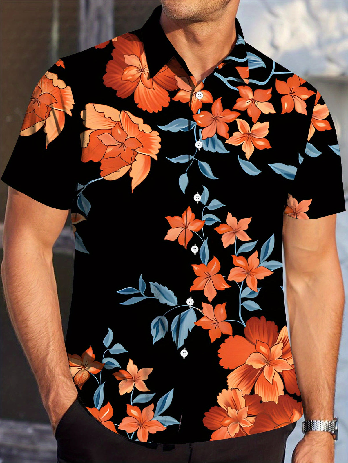 Men's Bohemian Style Printed Short-Sleeve Shirt - Regular Fit, Black Base with Vibrant Orange Flowers and Green Leaves Pattern, Suitable for All Seasons for Casual and Formal Wear, Daily Commuting, Parties, Office, Elegant New Year Top, Opaque Fabric