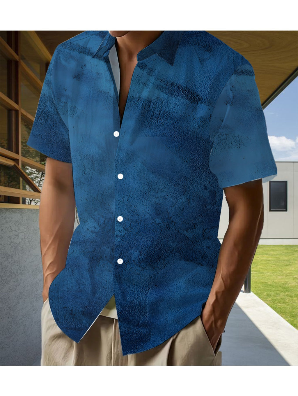 Men'S Casual Shirt with a Deep Blue Ink Painting Print - Featuring a Short Sleeve Button Design, Suitable for Summer Outdoor And Casual Wear, Perfect for Everyday Outfits