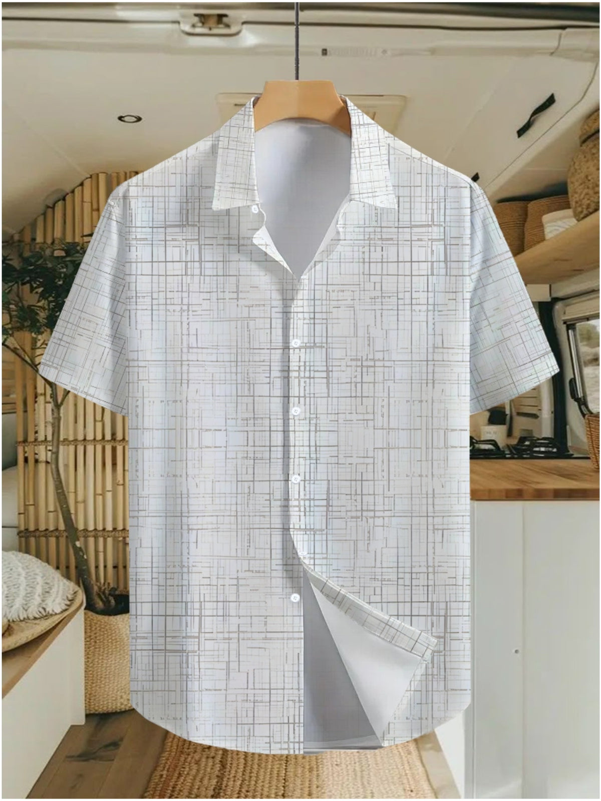 Men's Short-sleeve Shirt with Light Brown Crisscrossed Line Pattern Print. Featuring an Base with an Irregular Plaid Design Composed of Light Brown Intersecting Lines, This Shirt Has a Loose Fit with a Single-breasted Button Placket