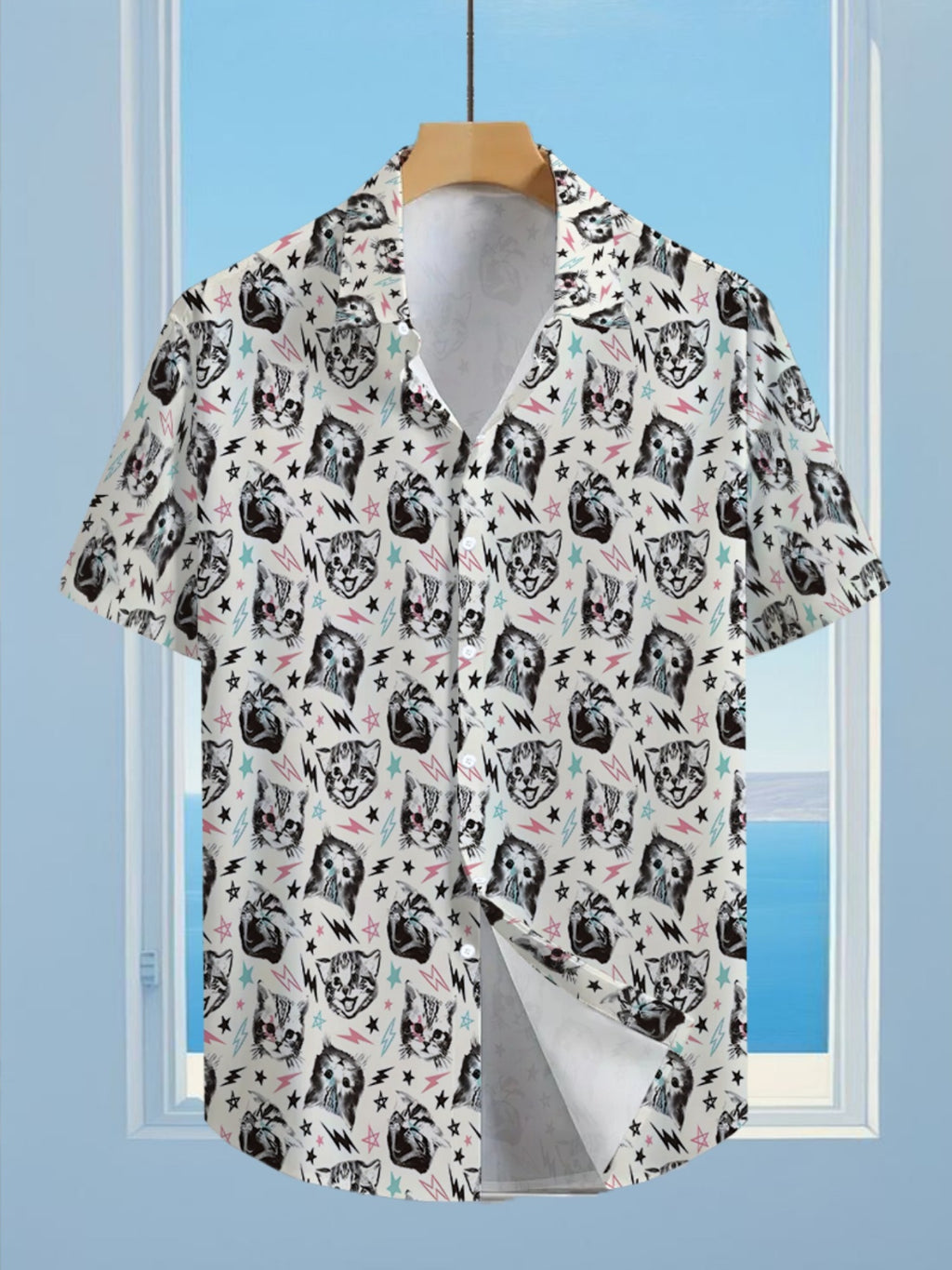 Hawaiian Anime Cat Print Men'S Casual Shirt - Short-Sleeve Button Design, Suitable for Outdoor And Casual Wear in Summer, Perfect for Everyday Outfits