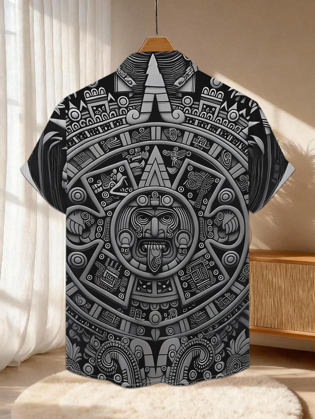 New Men's Casual Short-Sleeve Shirt, Silvery-Gray Mayan Embossed Plate Pattern with Intricate and Mysterious Engraving, Versatile Casual Top for Holiday Parties and Commuting, Polyester Fiber Fabric, Machine Washable, Button-Up Printed Shirt