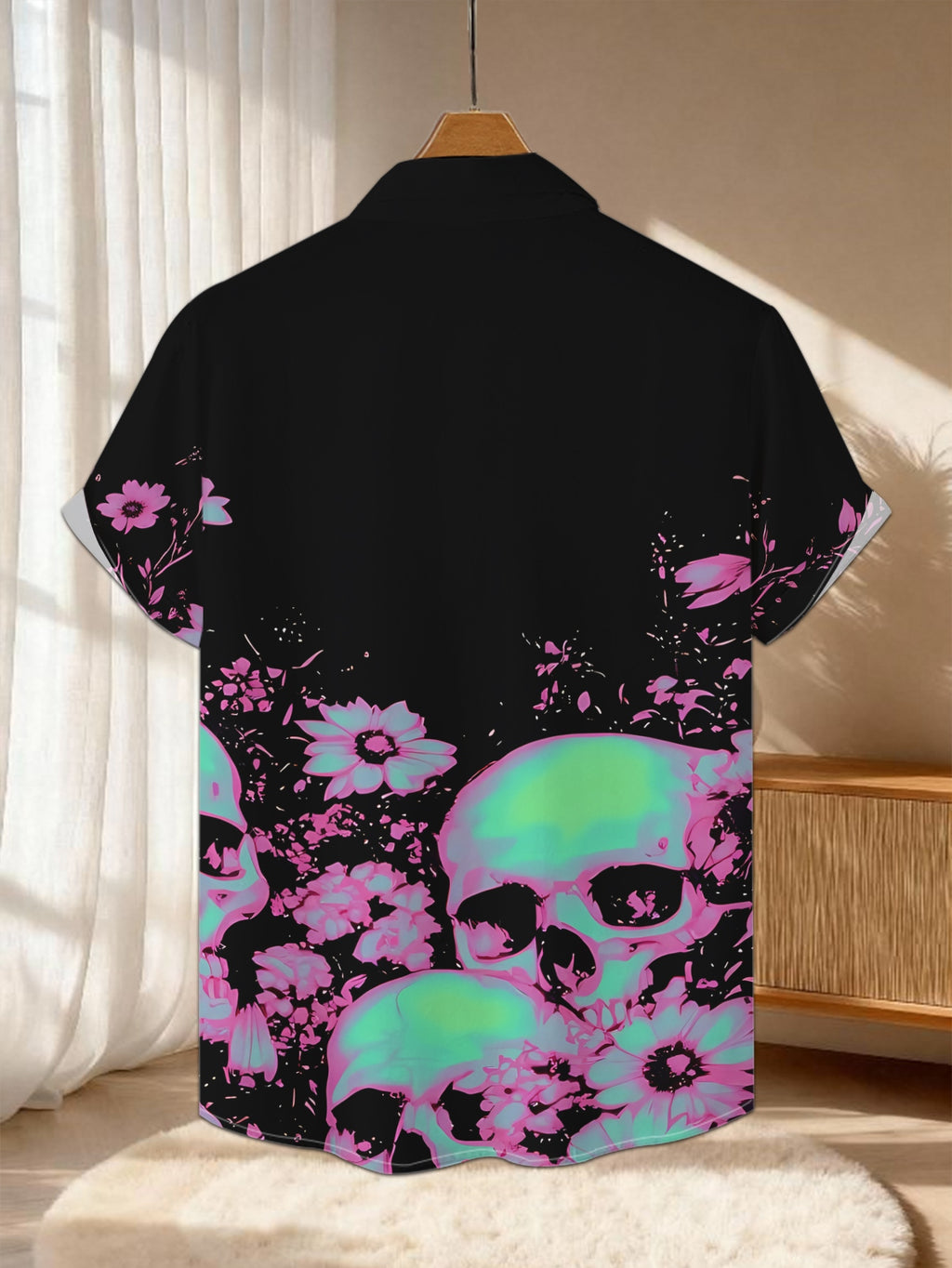 New Men's Casual Short-Sleeve Shirt with Fluorescent Skull Wrapped in Pink Flowers, Dark Base Creating an Eerie Atmosphere, Versatile Top for Holiday Parties and Commuting, Machine-Washable Polyester Fiber Fabric, Button-Up Printed Shirt