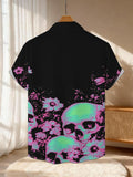 New Men's Casual Short-Sleeve Shirt with Fluorescent Skull Wrapped in Pink Flowers, Dark Base Creating an Eerie Atmosphere, Versatile Top for Holiday Parties and Commuting, Machine-Washable Polyester Fiber Fabric, Button-Up Printed Shirt