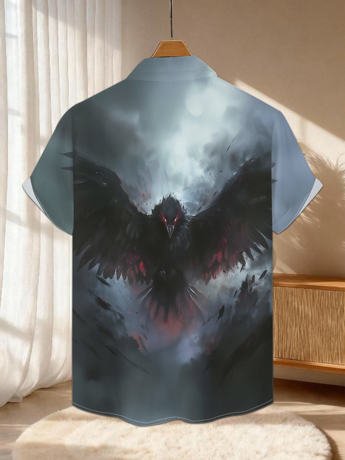 New Men's Casual Short-Sleeve Shirt: Black-Winged Menacing Crow Breaking Through the Mist with Striking Red Eyes, Exuding Intimidating Aggression - Versatile Holiday Party and Commuting Casual Top. Made of Polyester Fiber, Machine Washable. Button-Up