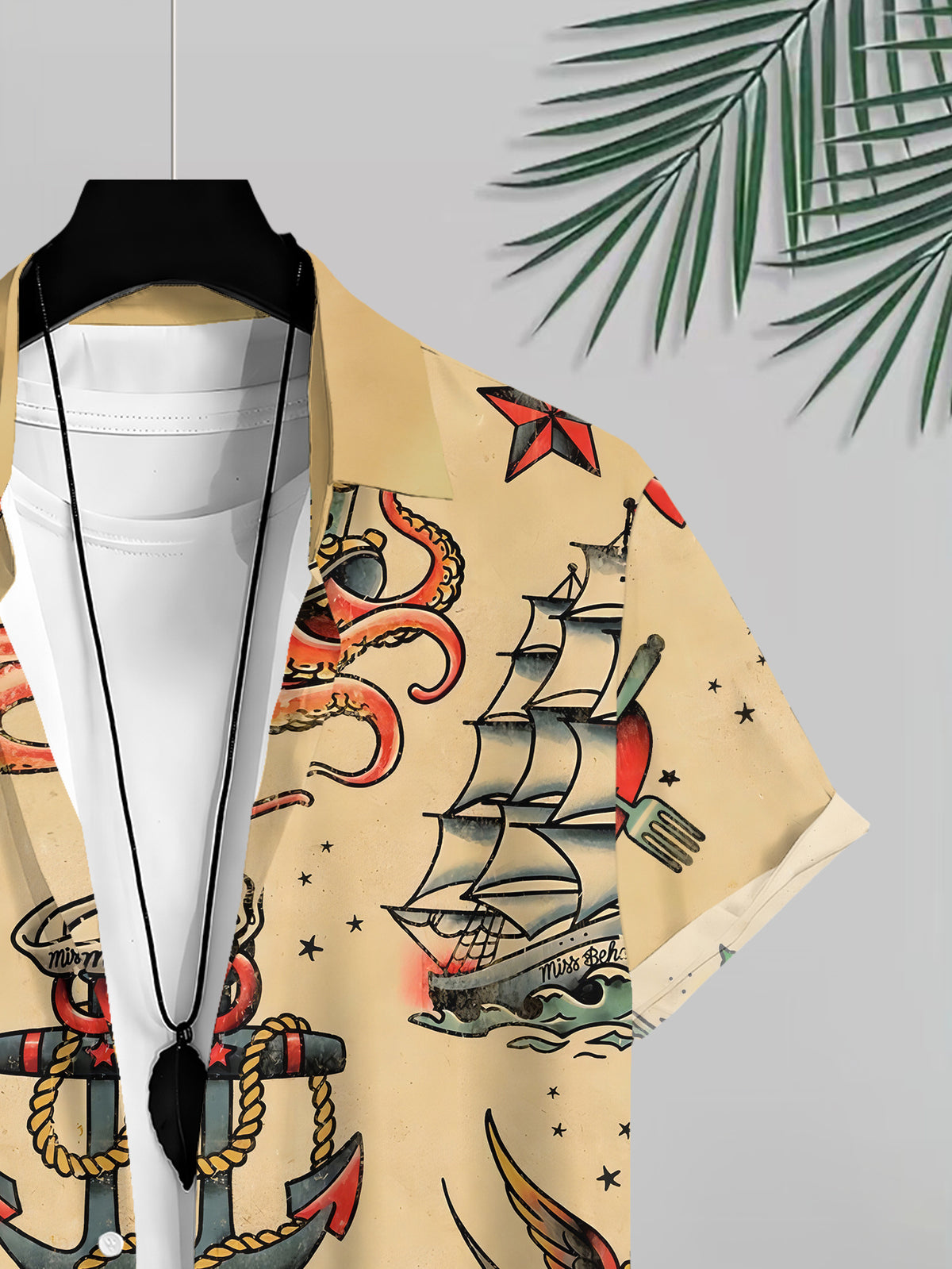 Pirate Tattoo Style Men's Casual Shirt, Nautical Theme Summer Skull Anchor Ship Dagger Print