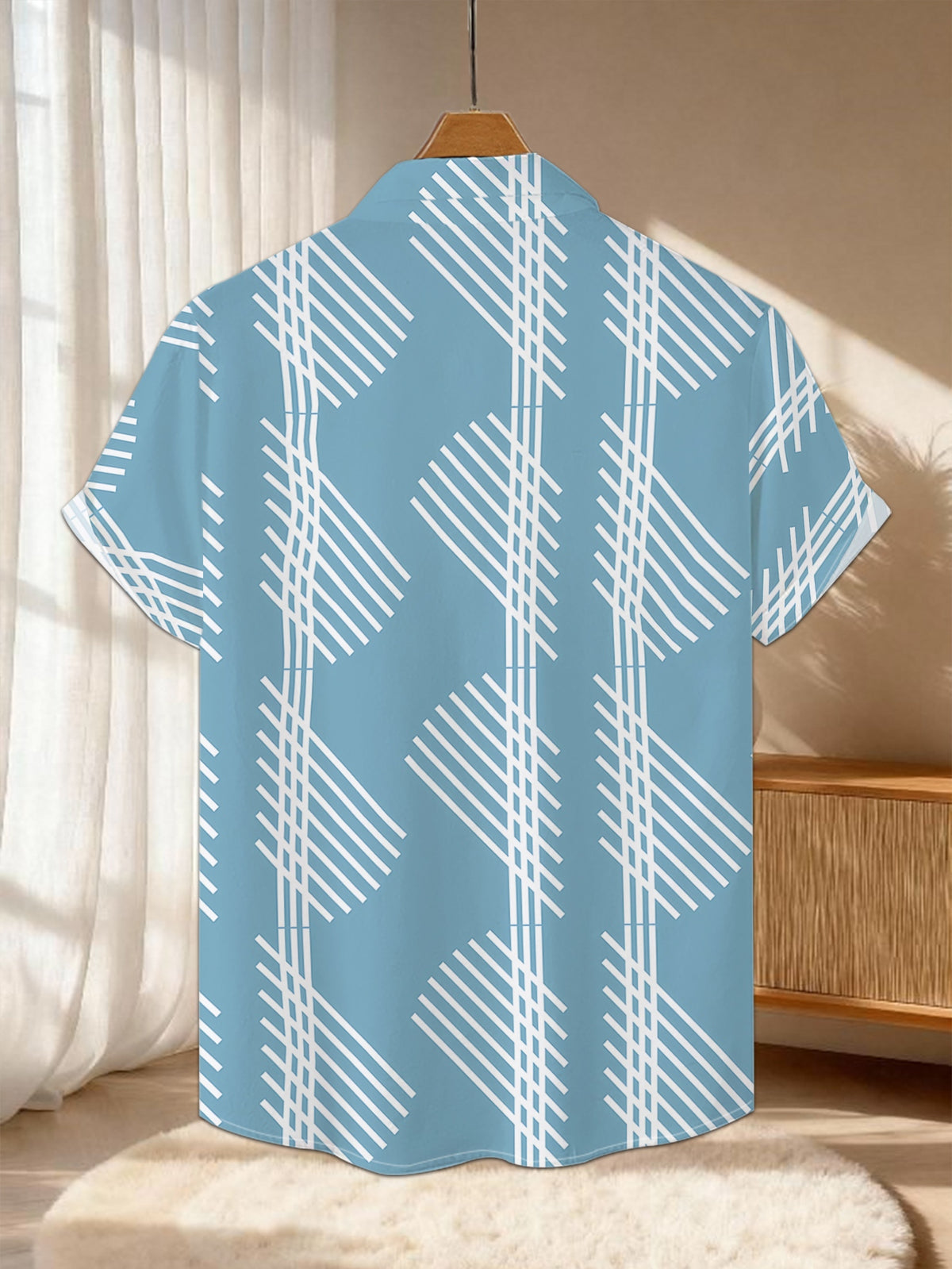 New Men'S Casual Short-Sleeve Shirt with a Blue Background And White Diagonal Striped Symmetrical Layout, Creating a Neat Geometric Pattern. Suitable for Festive Gatherings And Commuting