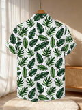New Men's Casual Short-Sleeve Shirt with All-Over Dark Green Tropical Leaf Pattern on White Background, Versatile for Holiday Parties and Commuting. Made of Polyester Fiber, Machine Washable, Lightweight for Summer. Suitable for Casual Wear