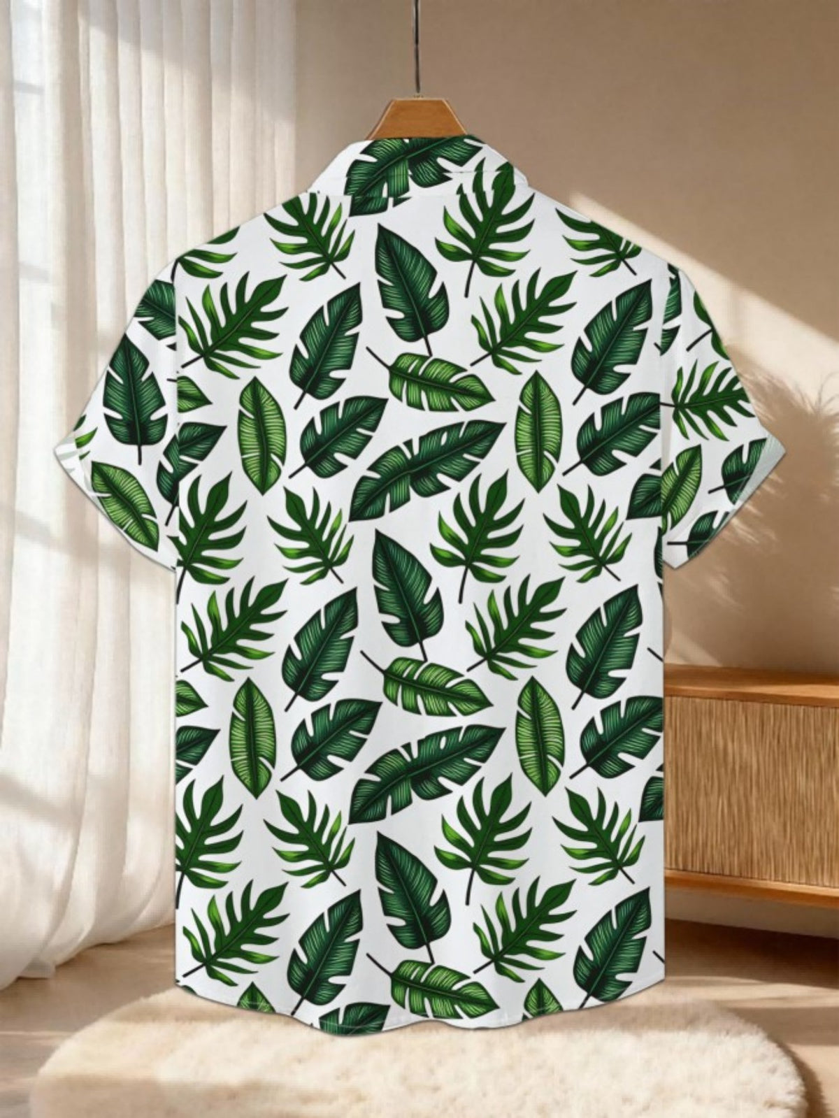 New Men's Casual Short-Sleeve Shirt with All-Over Dark Green Tropical Leaf Pattern on White Background, Versatile for Holiday Parties and Commuting. Made of Polyester Fiber, Machine Washable, Lightweight for Summer. Suitable for Casual Wear