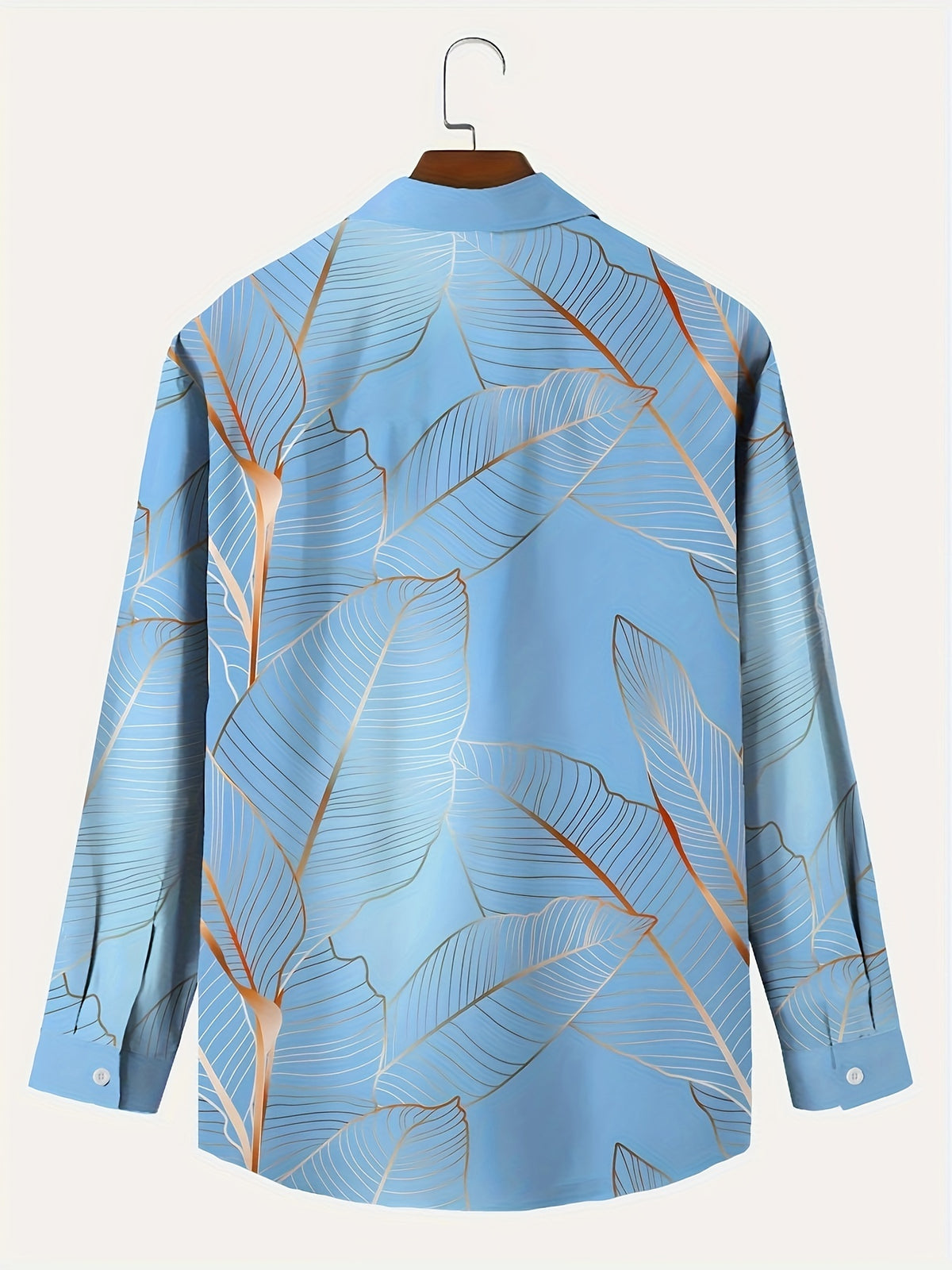 Hawaiian Botanical Leaf Gradient Print Men's Plus Size Button-Up Pocket Long Sleeve Shirt, PLUS SIZE