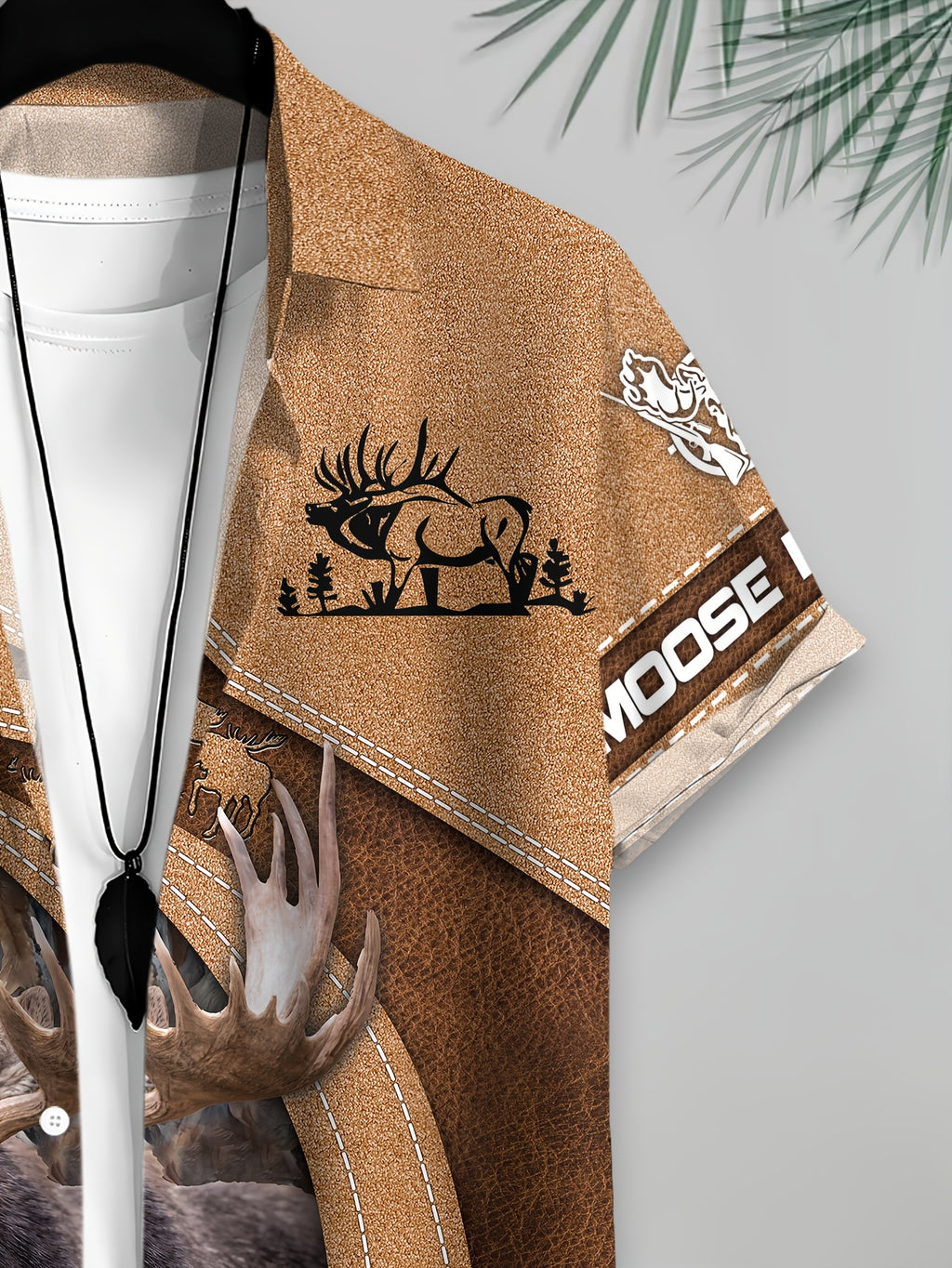 Outdoor Hunting Style Men'S Casual Shirt, Printed Brown Moose And Forest Scene, Summer Large Antlered Moose in Woodland Setting
