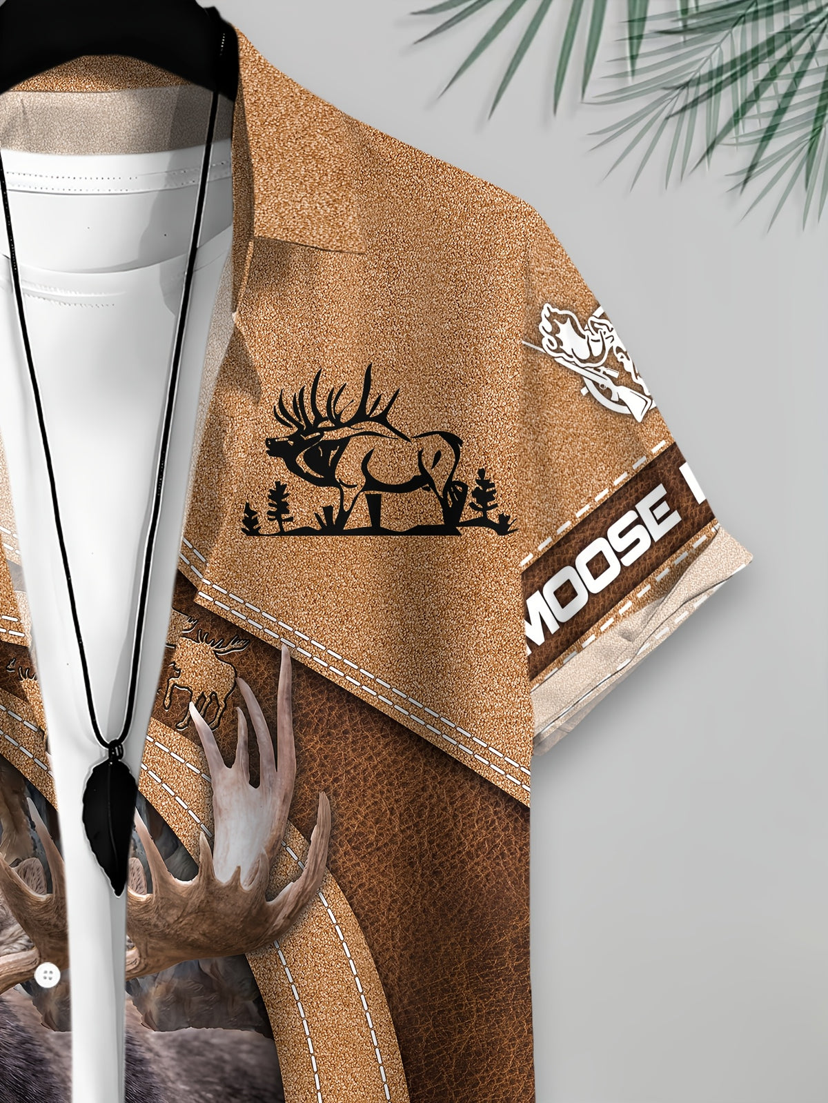 Outdoor Hunting Style Men'S Casual Shirt, Printed Brown Moose And Forest Scene, Summer Large Antlered Moose in Woodland Setting
