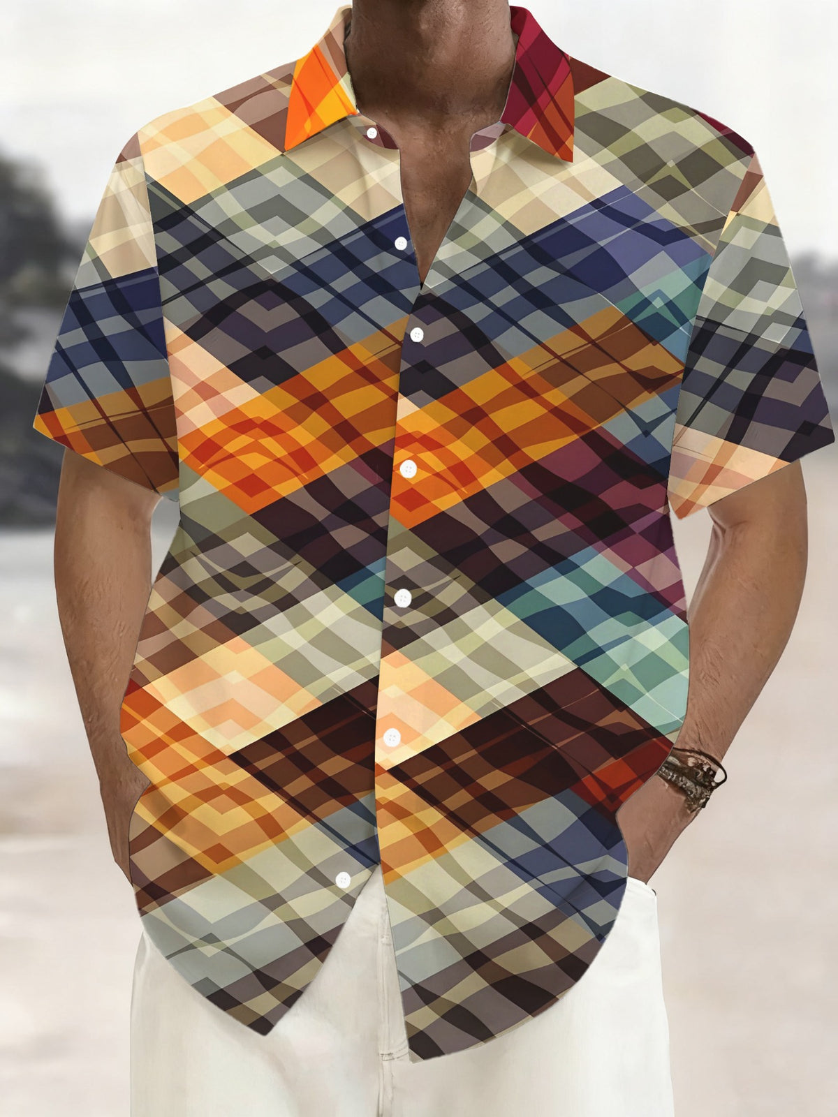 Vintage Hawaiian Style Colorful Patterned Print, Trendy Tropical Hawaiian Short-Sleeve Shirt, Casual Button-Up Men'S Shirt, Lightweight Polyester for Summer Adventures