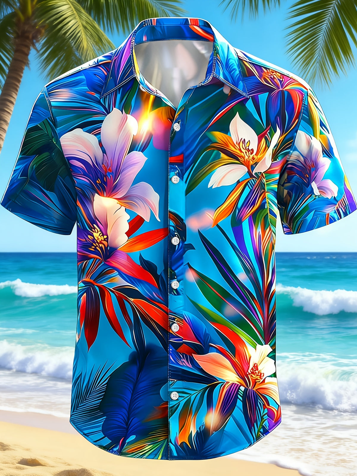 Hawaiian Floral Print Men'S Plus Size Button-Up Short Sleeve Shirt