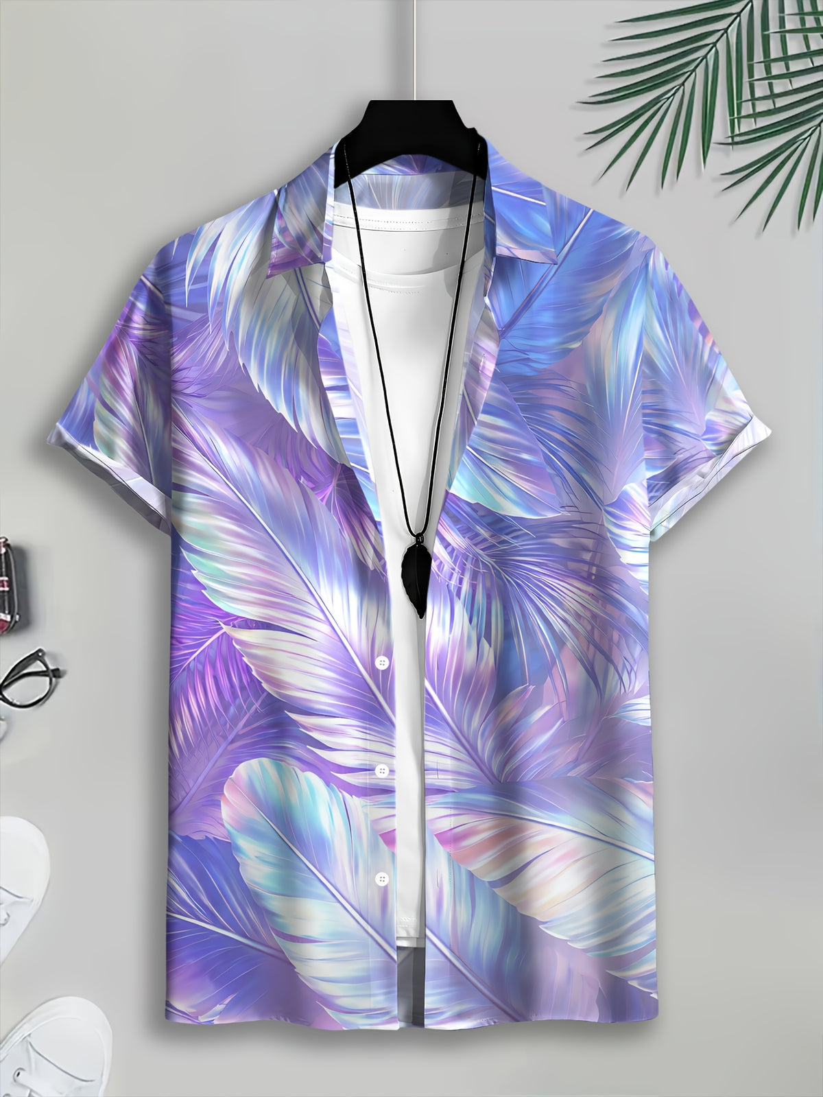 Tropical Style Men'S Casual Shirt, Printed Palm Leaves Summer Vibrant Colors