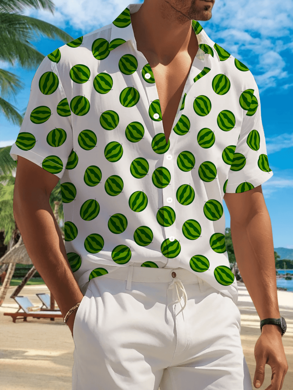 New Men's Casual Short-Sleeve Shirt with All-Over Green Watermelon Pattern on White Background, Versatile for Holiday Parties and Commuting. Made of Polyester Fiber, Machine Washable, Lightweight for Summer. Suitable for Casual Wear