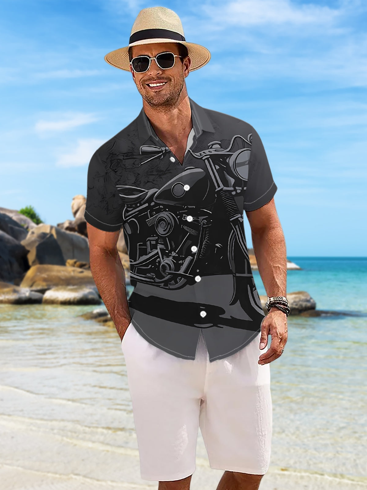 New Men'S Casual Short-Sleeve Shirt with a Dark Retro Motorcycle Design, Featuring Sharp Lines And a Strong Texture. Perfect for Holiday Gatherings, Commuting