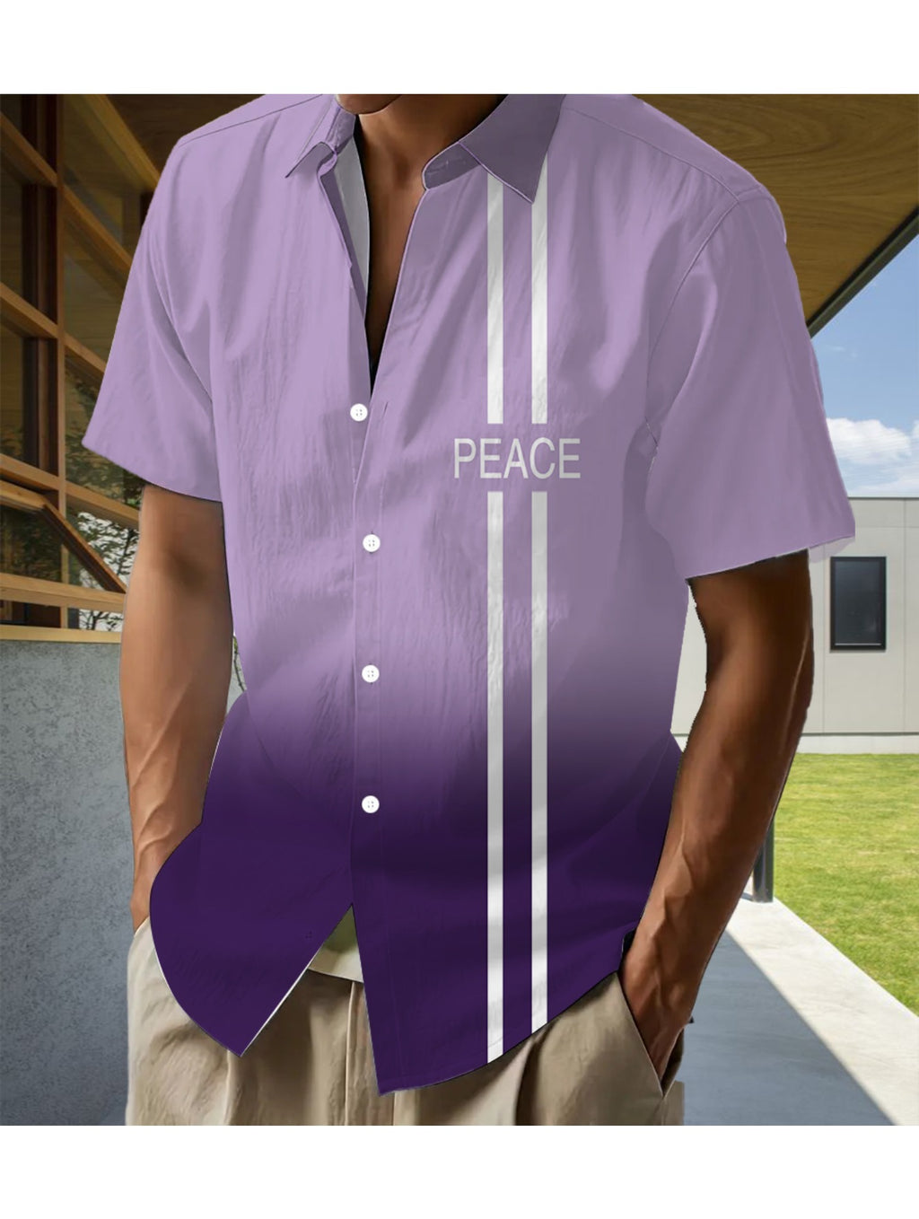 A Stylish Short-Sleeve Shirt Featuring a Dual Purple Gradient Pattern, Perfect for Tropical Summer Adventures. This Casual Button-Up Shirt Is Made from Lightweight