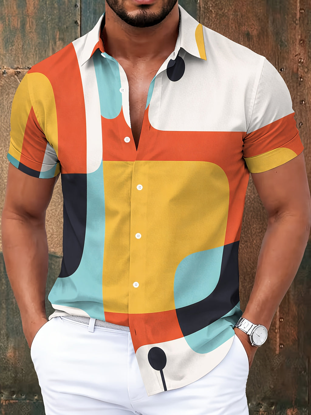 Colorful Geometric Pattern Men'S Casual Shirt, Abstract Shapes Print Summer Bold Design