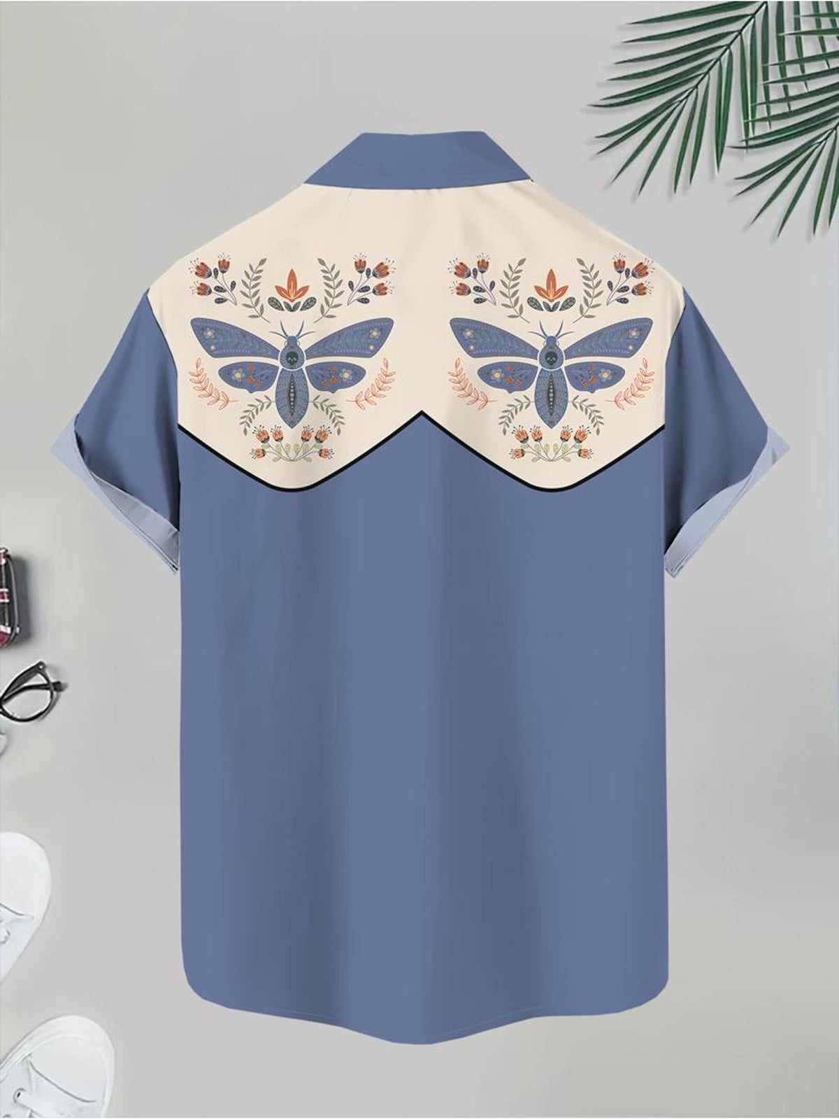 Floral Embroidered Collar Men'S Casual Shirt Butterfly Pattern Beach Summer Wear