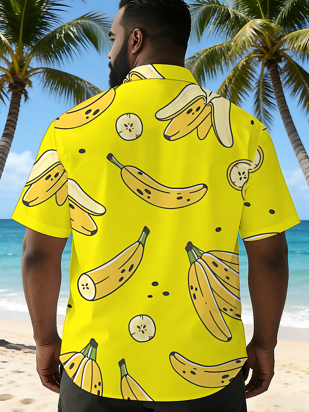 [Printed Design - Not Texture] Short Sleeve Shirt Men'S Trendy Short Sleeve Shirt Yellow Cartoon Banana Pattern Fashionable And Grand Clothing/Summer/Street/Trendy/Men/Clothes