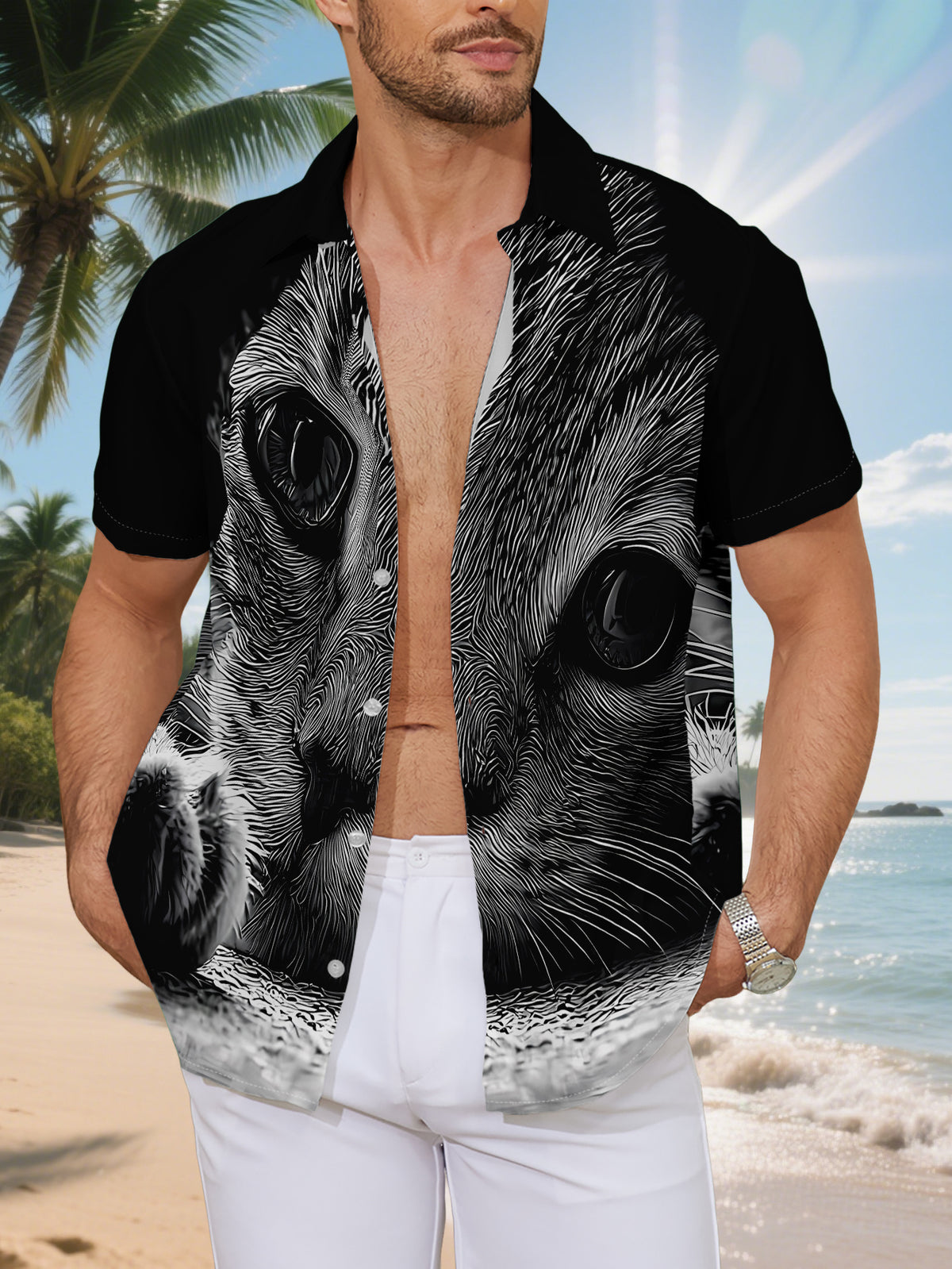 New Men's Casual Short-Sleeve Shirt with Ink-Washed Cat Print, Round Eyes Peeking, Paws Resting on Table, Versatile Holiday Party and Commuting Top. Made of Polyester Fiber, Machine Washable. Button-Up Printed Shirt